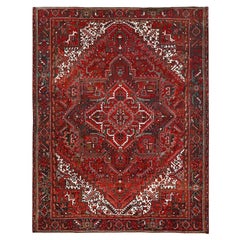 Red Vintage Persian Heriz Good Condition Rustic Feel Worn Wool Hand Knotted Rug