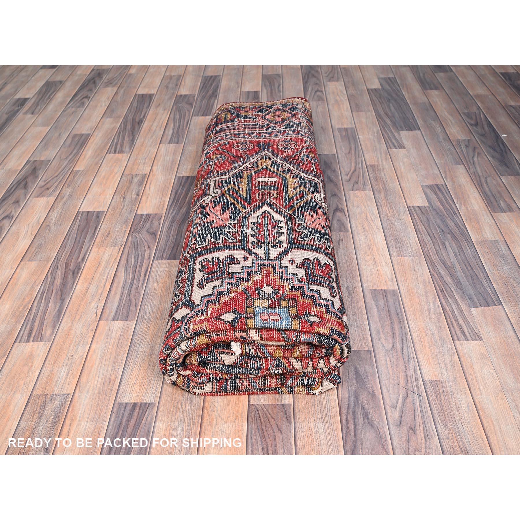 Red Vintage Persian Heriz Hand Knotted Pure Wool Sides and Ends Cleaned Rug For Sale 4