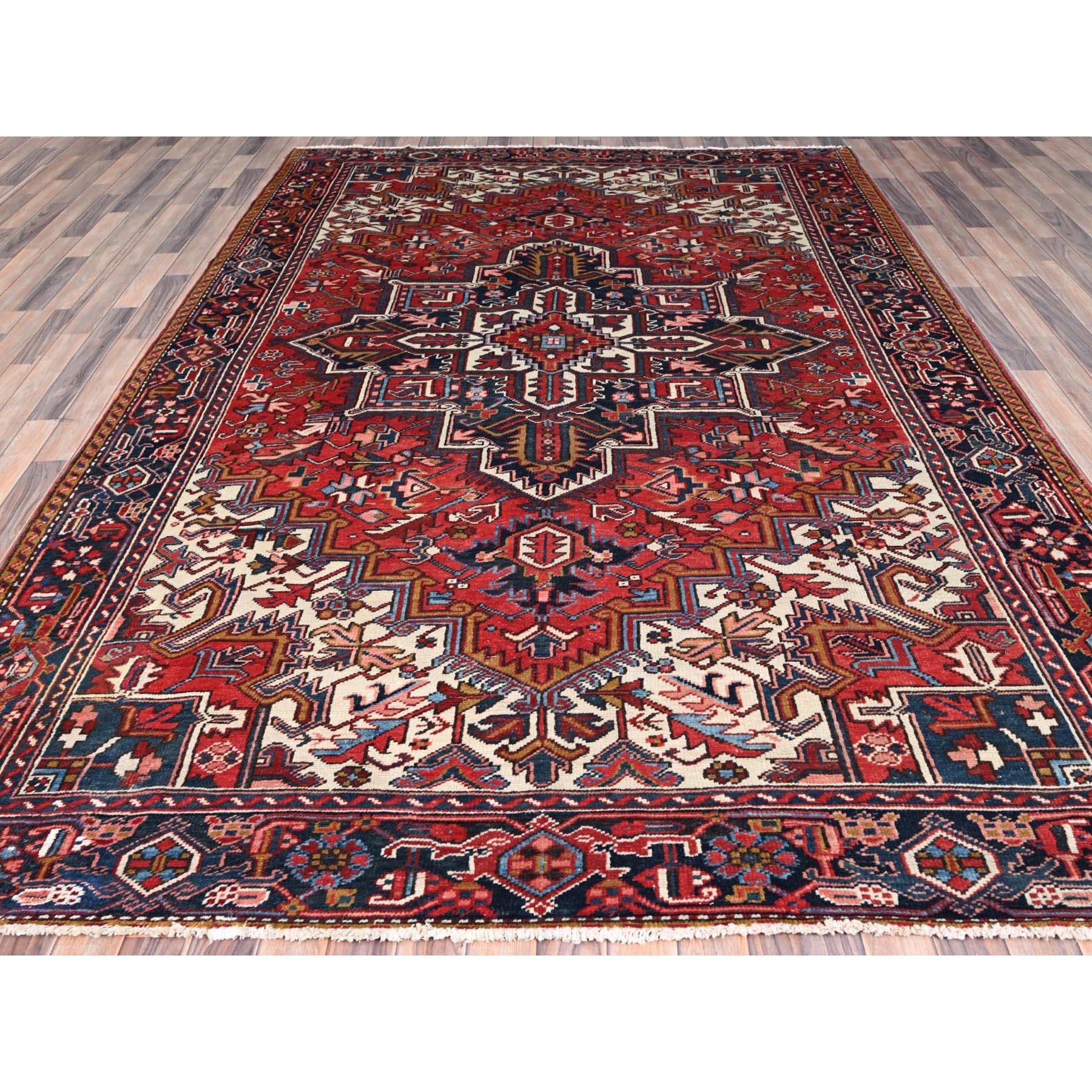 Medieval Red Vintage Persian Heriz Hand Knotted Pure Wool Sides and Ends Cleaned Rug For Sale