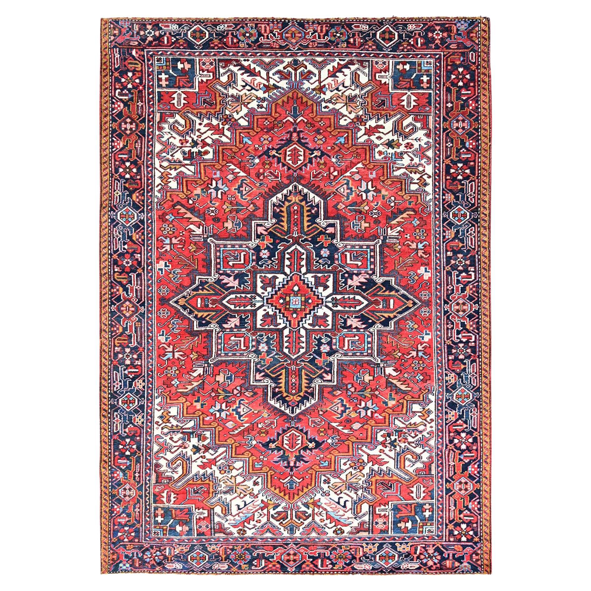 Red Vintage Persian Heriz Hand Knotted Pure Wool Sides and Ends Cleaned Rug For Sale