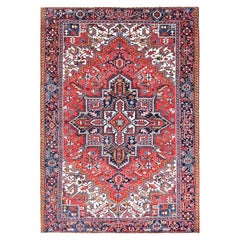 Red Vintage Persian Heriz Hand Knotted Pure Wool Sides and Ends Cleaned Rug