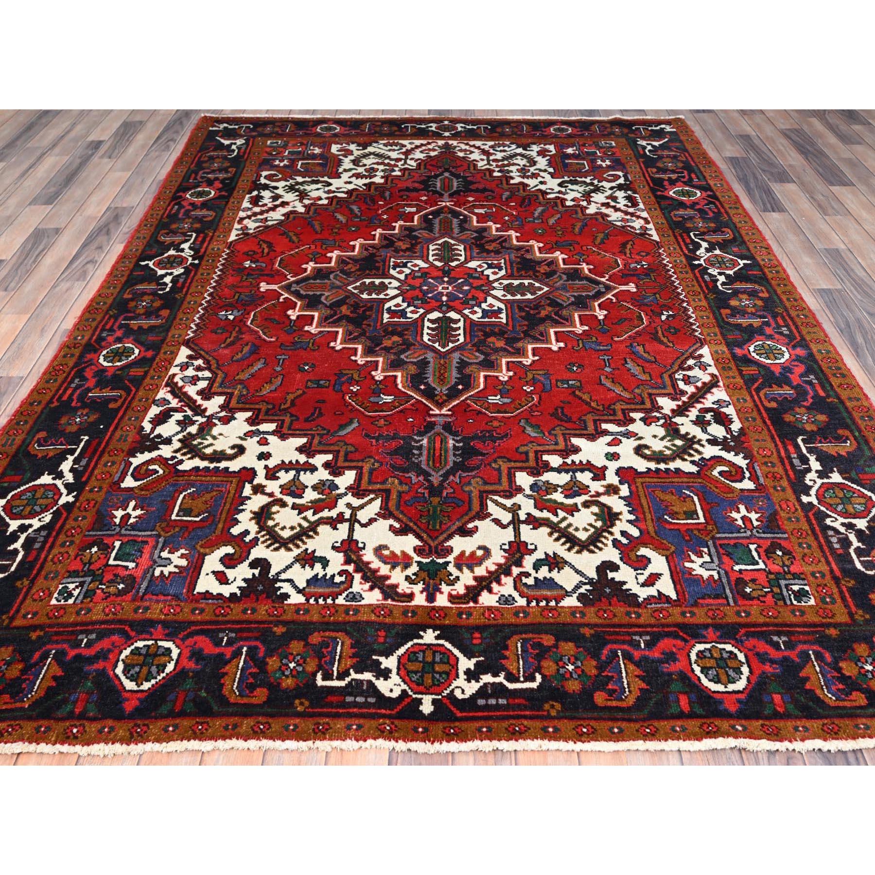 Medieval Red Vintage Persian Heriz Organic Wool Sides and Ends Cleaned Hand Knotted Rug For Sale