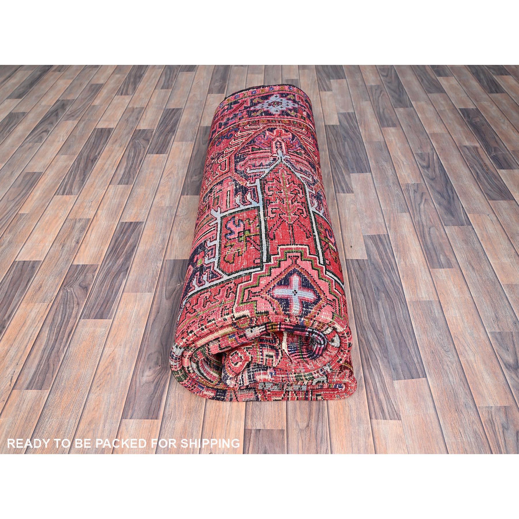 Red Vintage Persian Heriz Pure Wool Hand Knotted Clean Distressed Look Rug For Sale 4