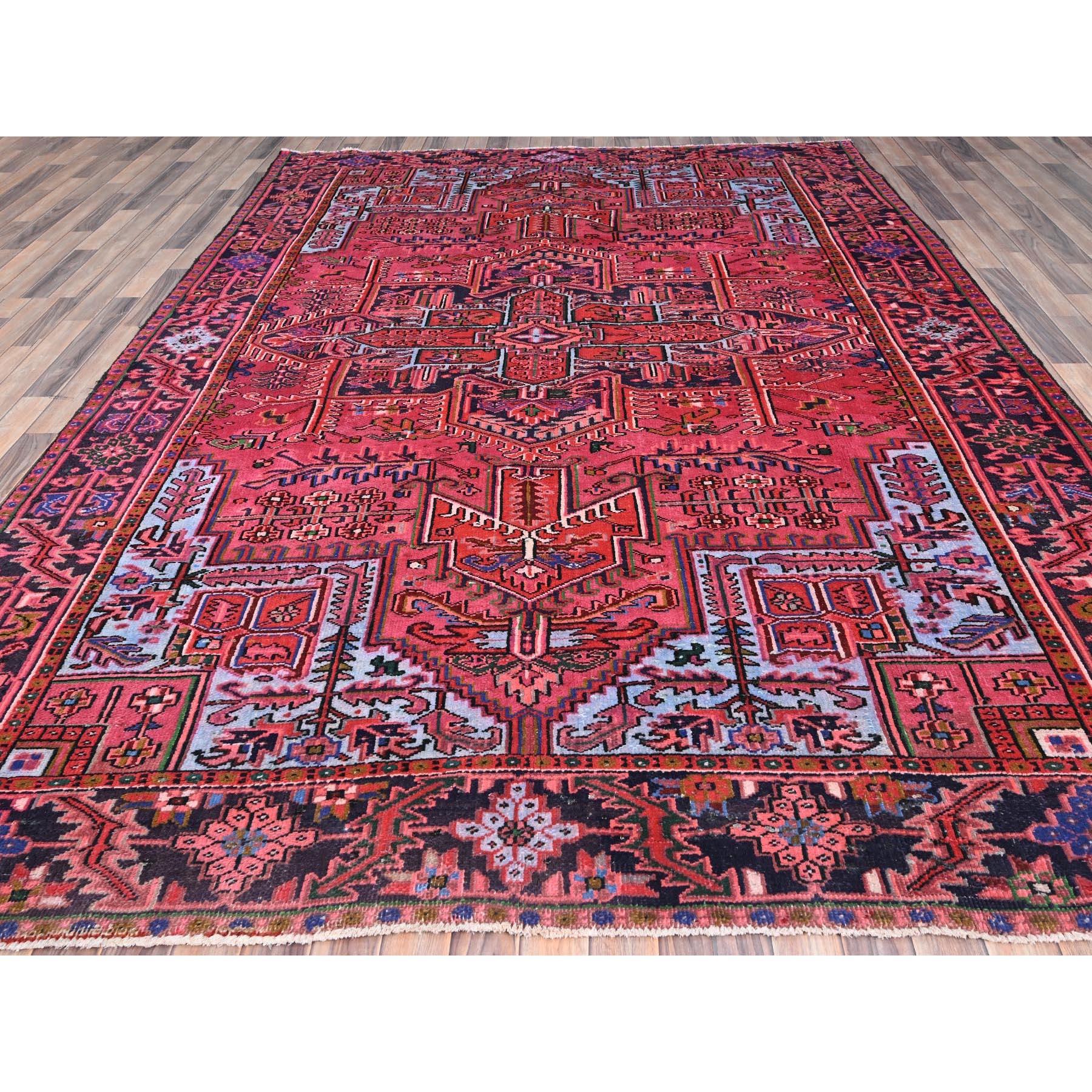 Medieval Red Vintage Persian Heriz Pure Wool Hand Knotted Clean Distressed Look Rug For Sale