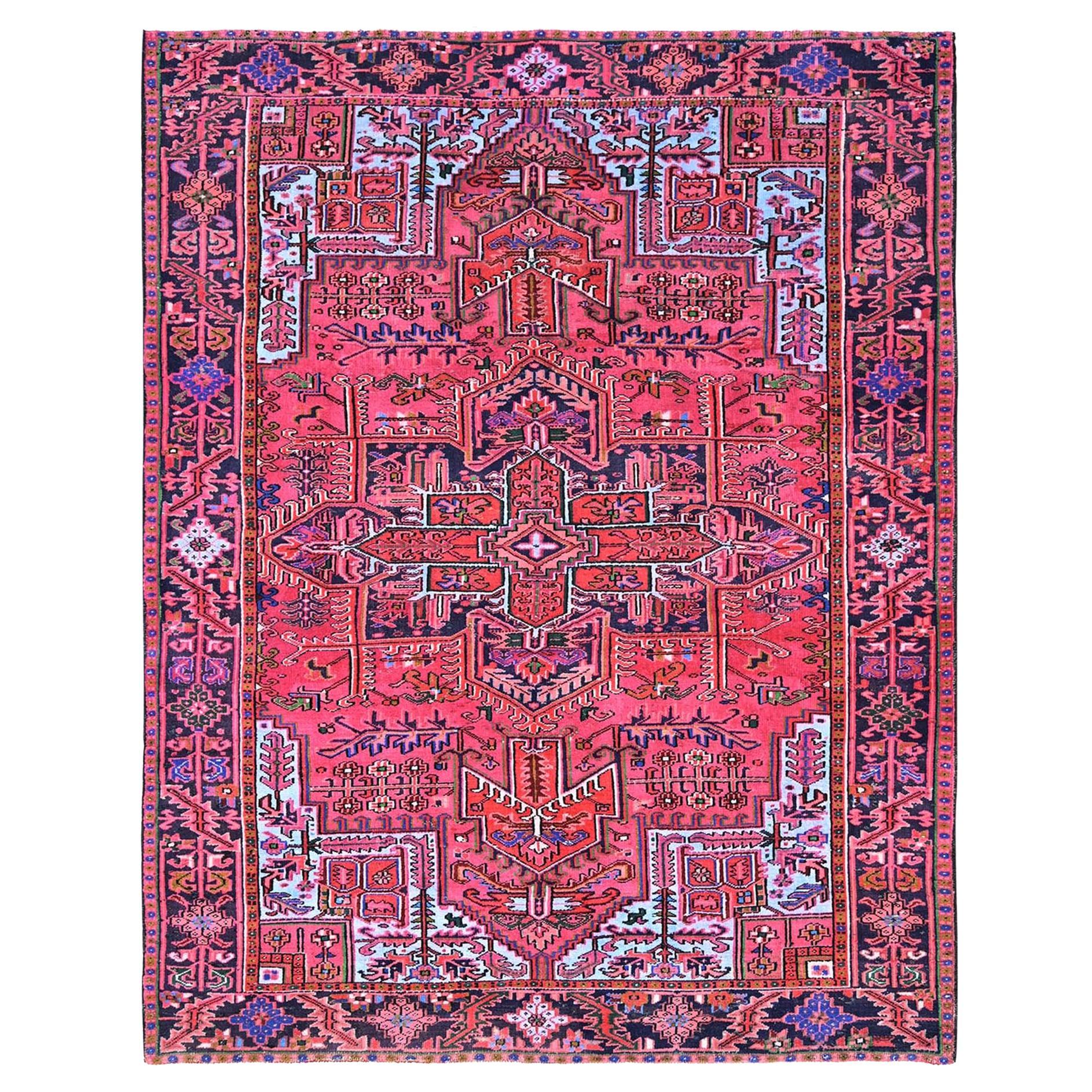 Red Vintage Persian Heriz Pure Wool Hand Knotted Clean Distressed Look Rug For Sale