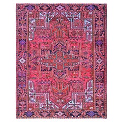 Red Vintage Persian Heriz Pure Wool Hand Knotted Clean Distressed Look Rug