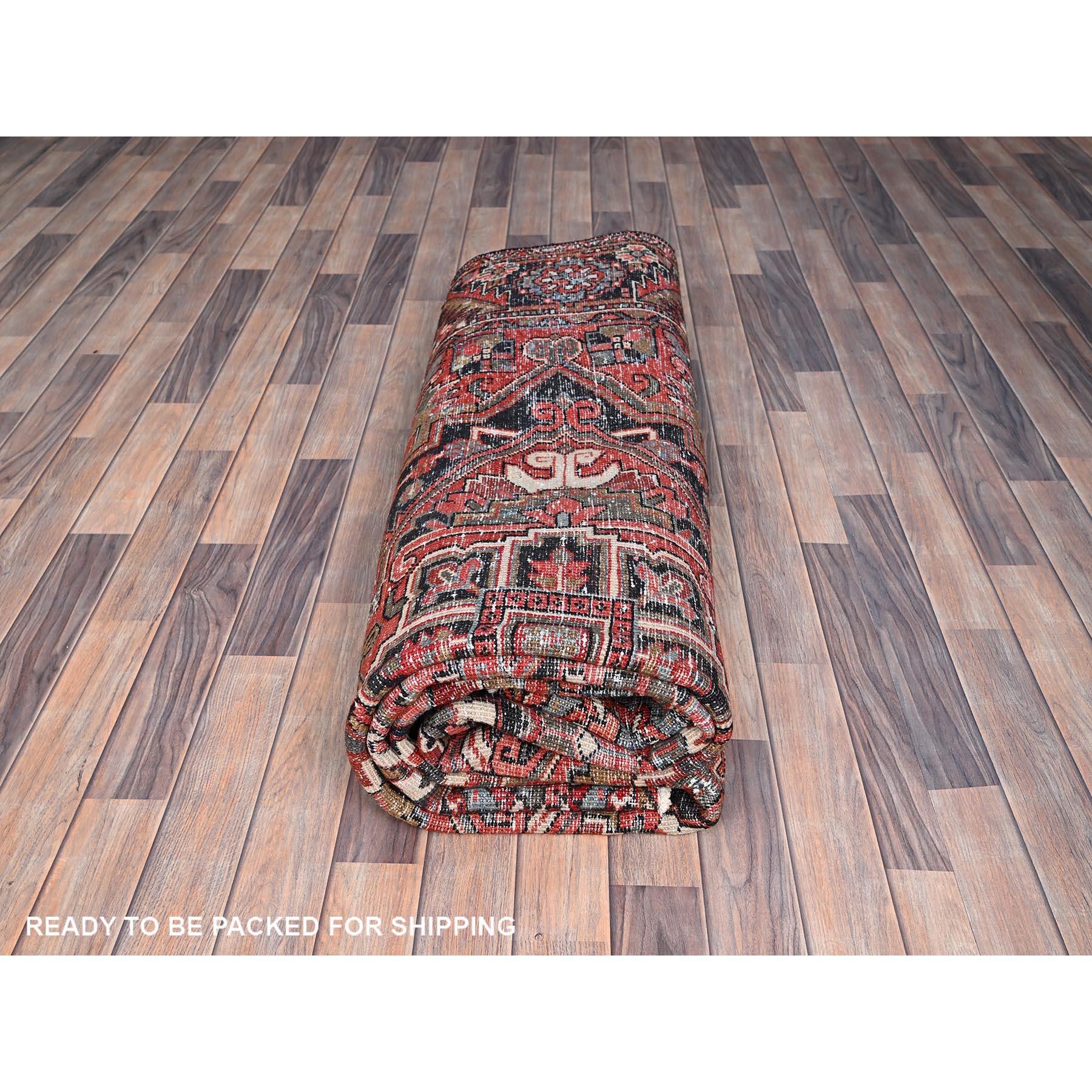 Red Vintage Persian Heriz Pure Wool Hand Knotted Sides and Ends Cleaned Rug For Sale 4