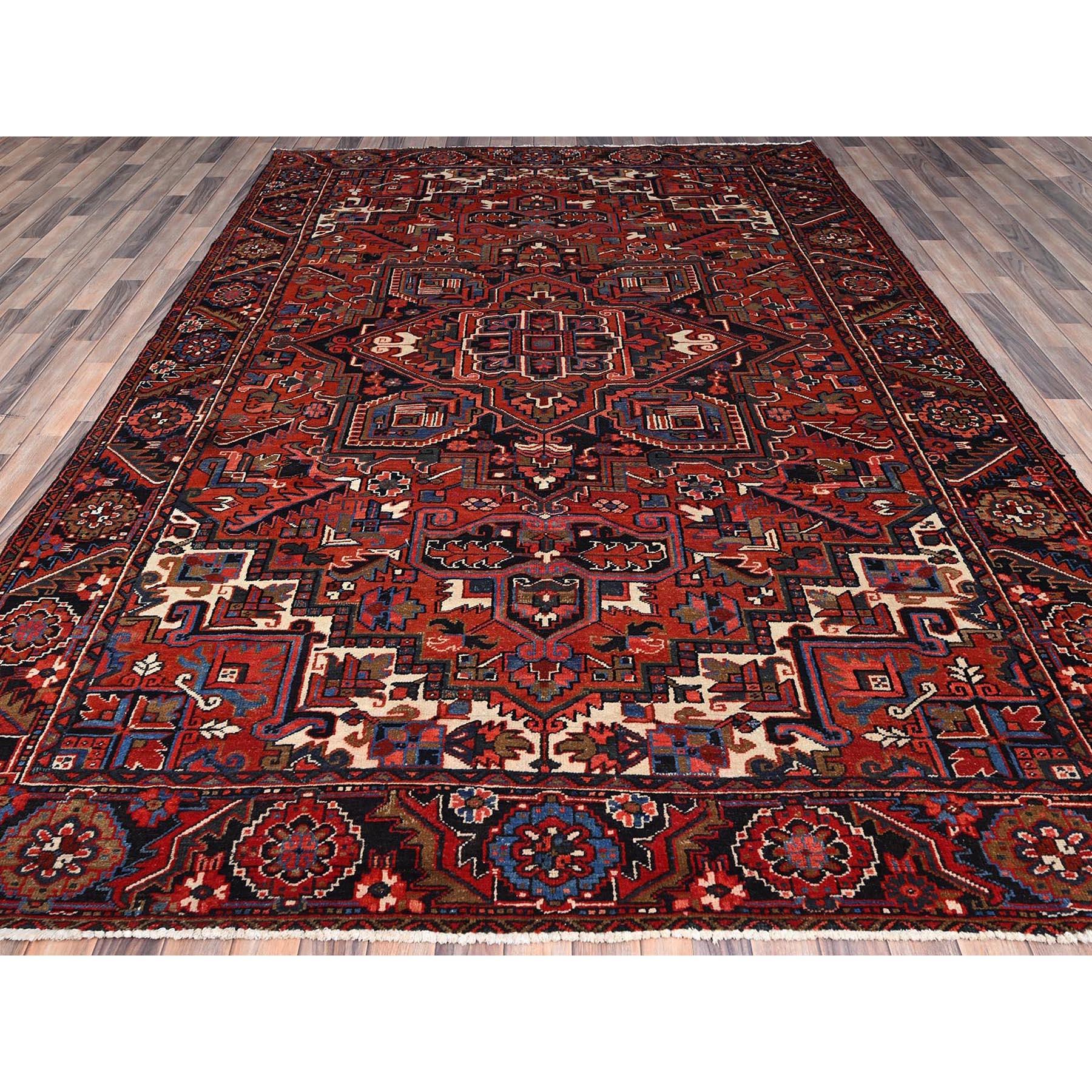 Medieval Red Vintage Persian Heriz Pure Wool Hand Knotted Sides and Ends Cleaned Rug For Sale