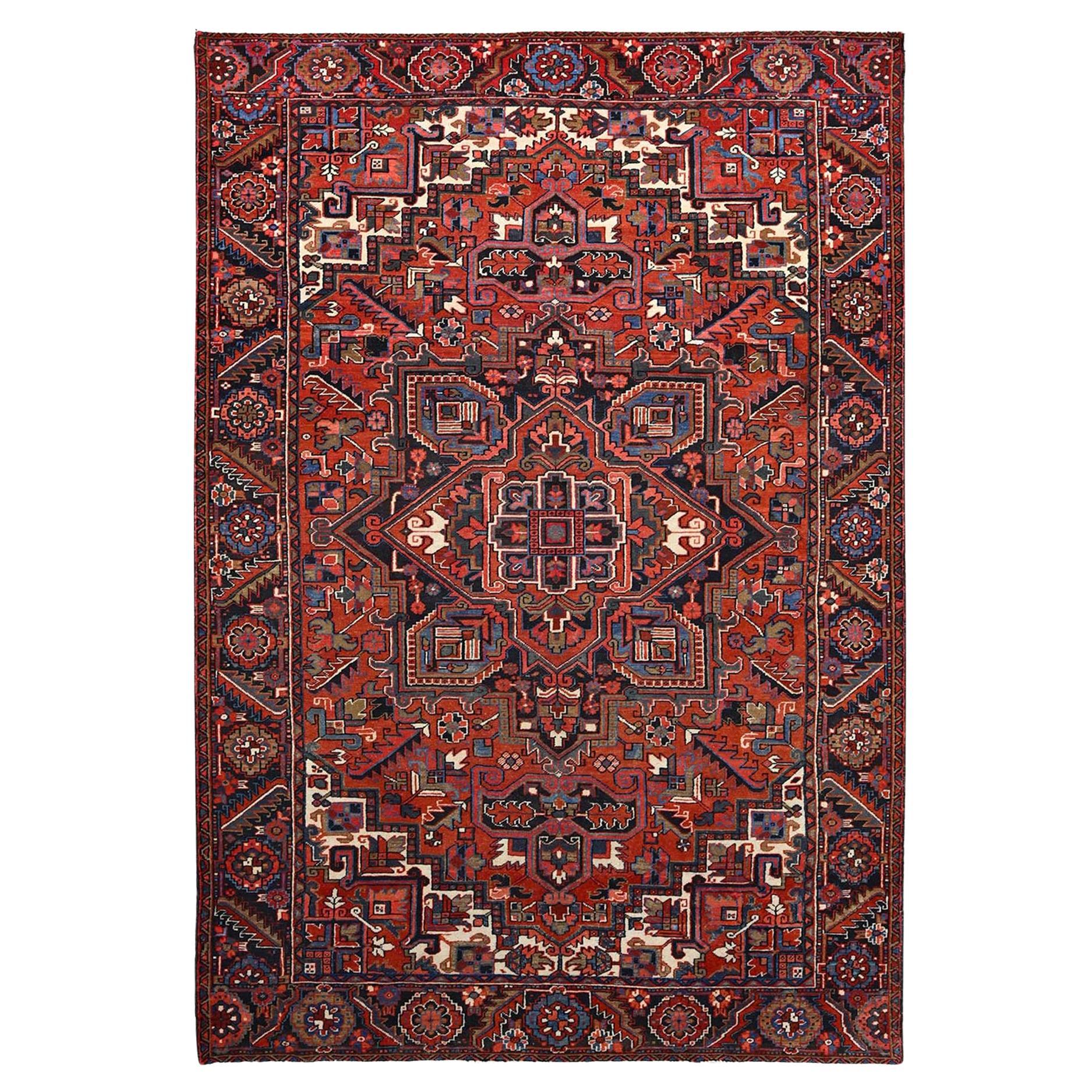 Red Vintage Persian Heriz Pure Wool Hand Knotted Sides and Ends Cleaned Rug For Sale
