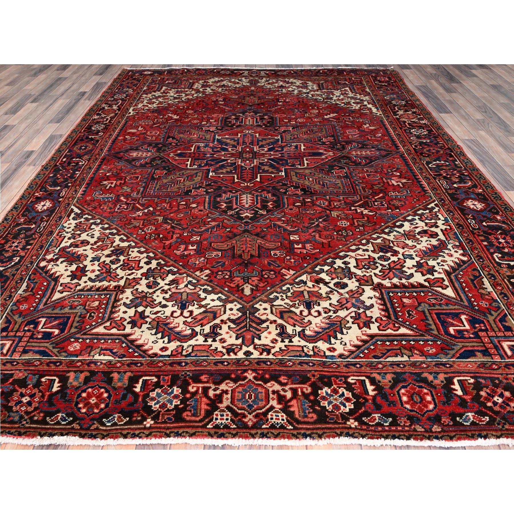 Hand-Knotted Red Vintage Persian Heriz Rustic Feel Abrash Hand Knotted Soft Wool Clean Rug For Sale