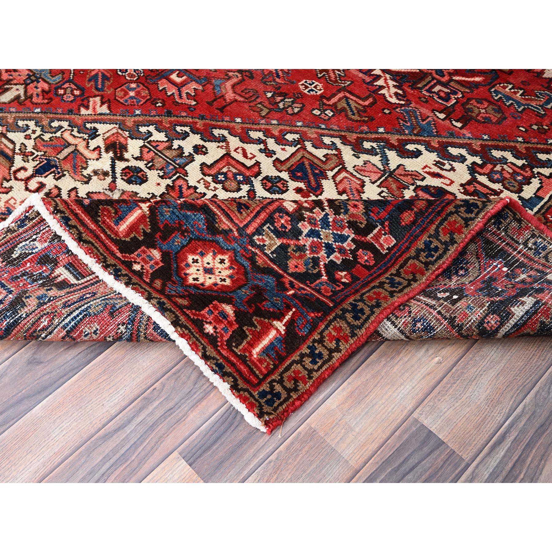 Red Vintage Persian Heriz Rustic Feel Abrash Hand Knotted Soft Wool Clean Rug For Sale 2