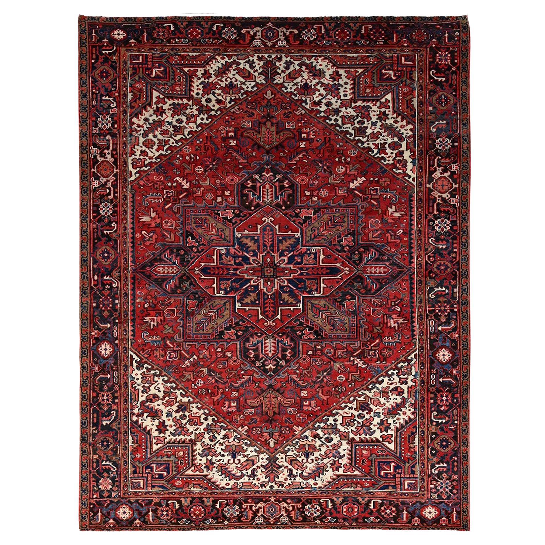 Red Vintage Persian Heriz Rustic Feel Abrash Hand Knotted Soft Wool Clean Rug For Sale