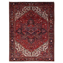 Red Retro Persian Heriz Rustic Feel Abrash Hand Knotted Soft Wool Clean Rug