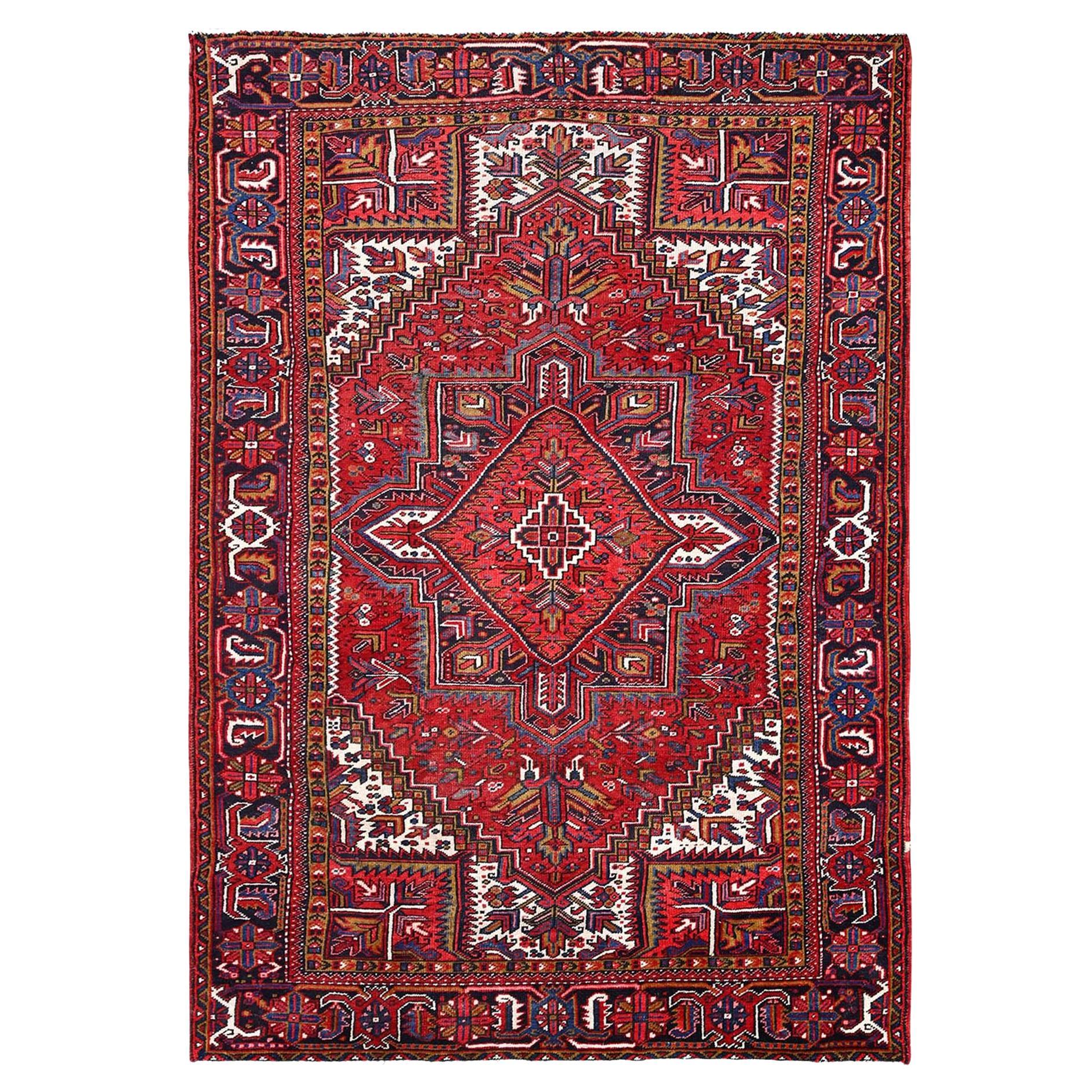 Red Vintage Persian Heriz Rustic Feel Even Wear Wool Hand Knotted Cleaned Rug