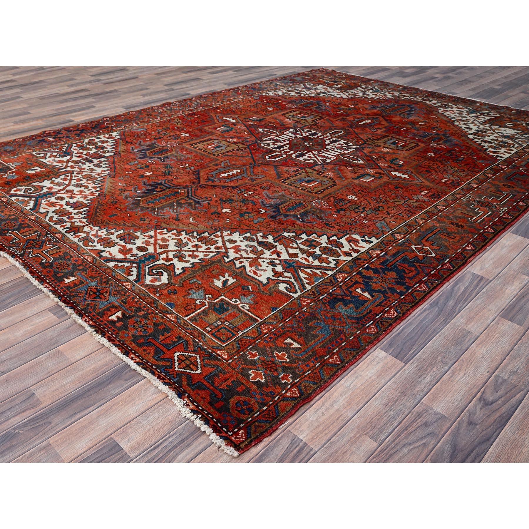 Medieval Red Vintage Persian Heriz Rustic Look Evenly Worn Wool Hand Knotted Clean Rug For Sale