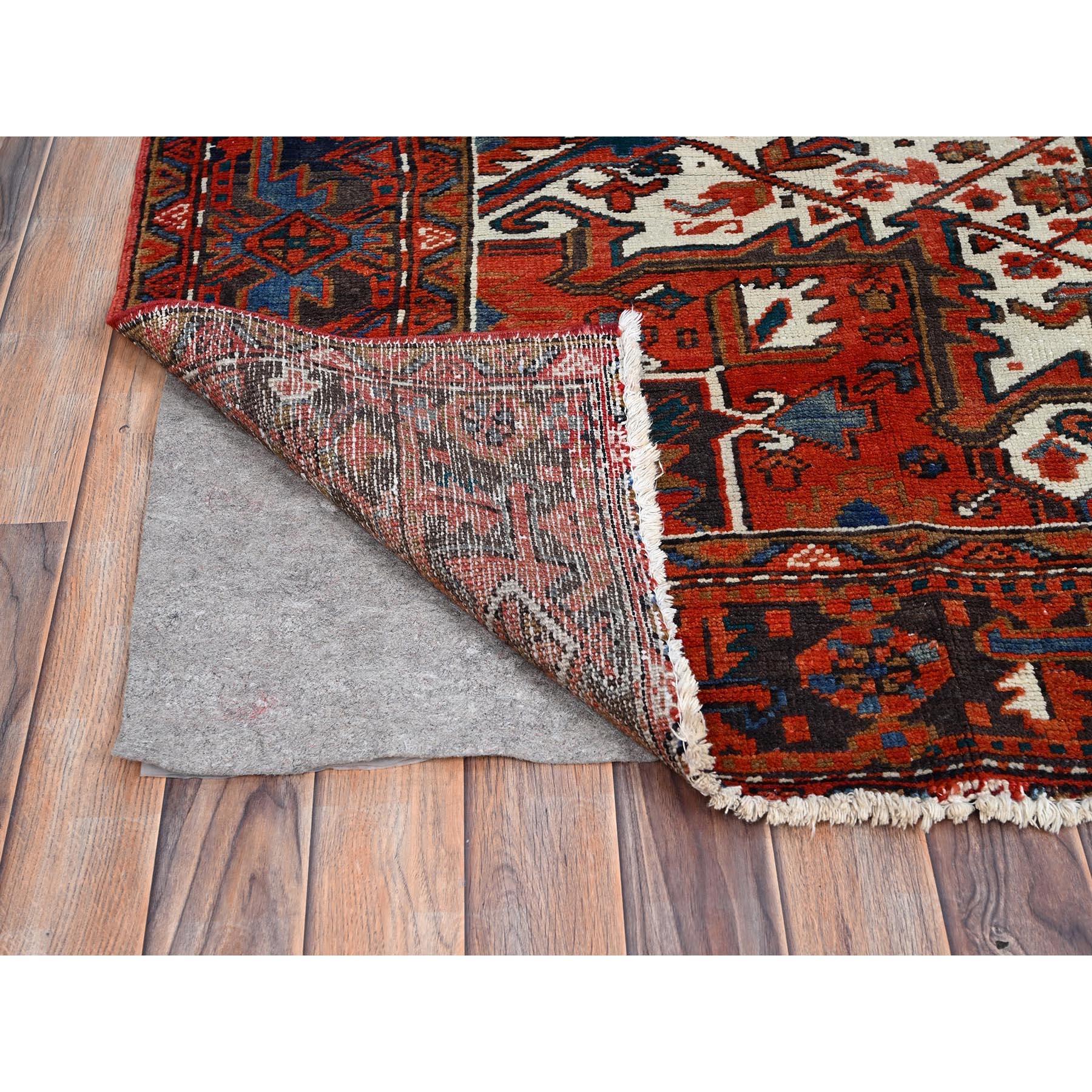 Hand-Knotted Red Vintage Persian Heriz Rustic Look Evenly Worn Wool Hand Knotted Clean Rug For Sale