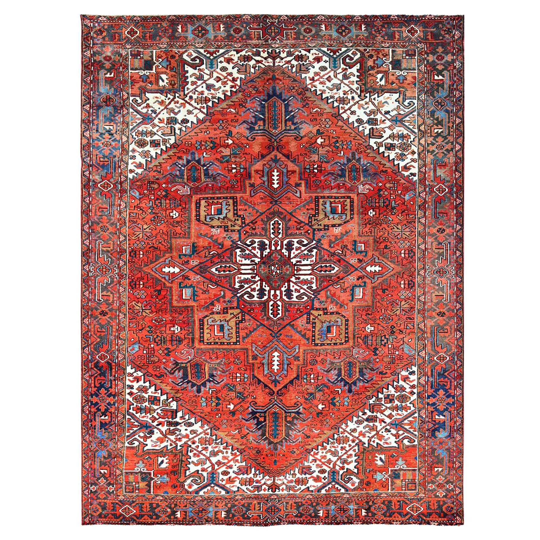 Red Vintage Persian Heriz Rustic Look Evenly Worn Wool Hand Knotted Clean Rug For Sale
