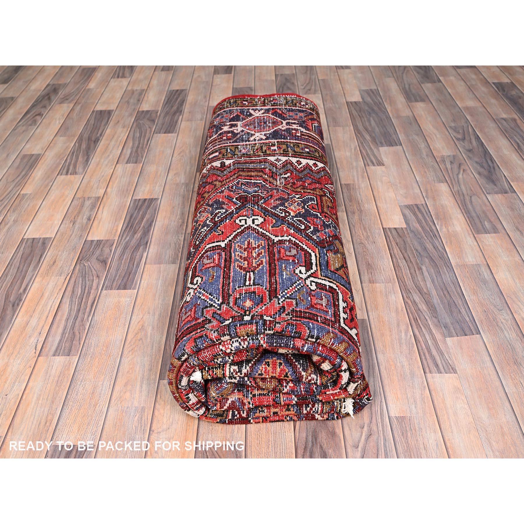 Red Vintage Persian Heriz Village Motif Rustic Feel Worn Wool Hand Knotted Rug For Sale 5