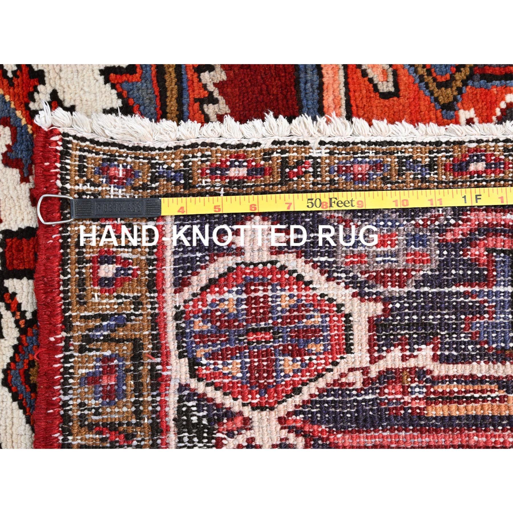 Red Vintage Persian Heriz Village Motif Rustic Feel Worn Wool Hand Knotted Rug For Sale 7