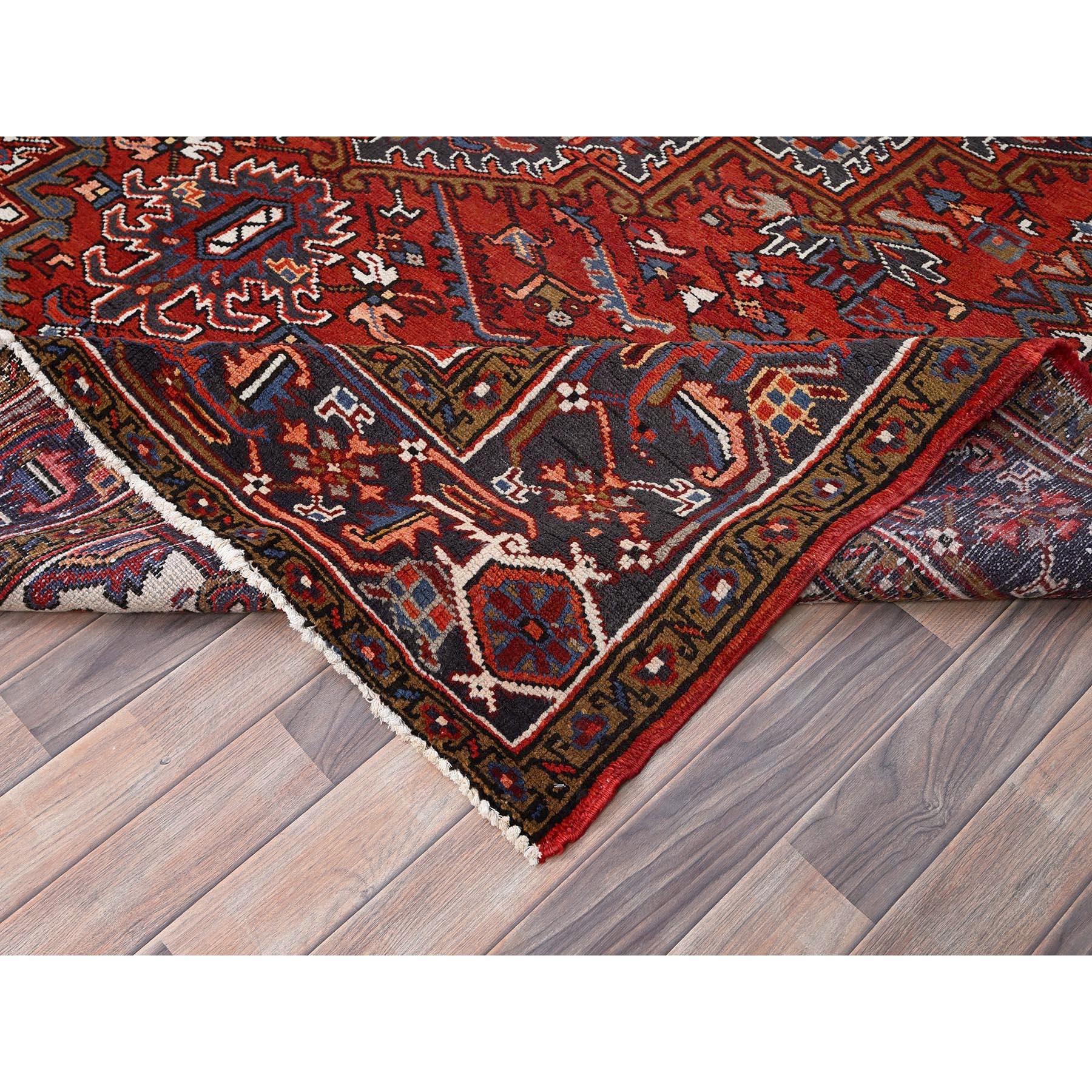 Red Vintage Persian Heriz Village Motif Rustic Feel Worn Wool Hand Knotted Rug For Sale 2