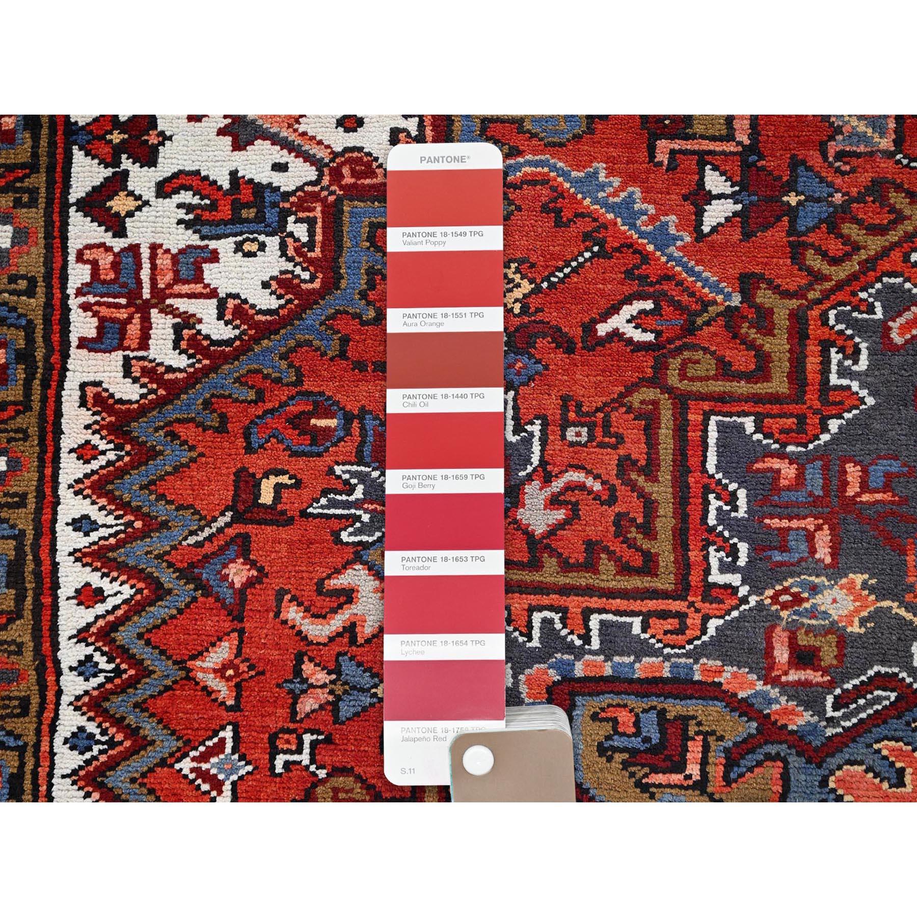 Red Vintage Persian Heriz Village Motif Rustic Feel Worn Wool Hand Knotted Rug For Sale 3