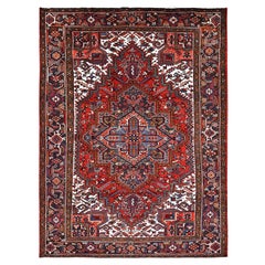 Red Vintage Persian Heriz Village Motif Rustic Feel Worn Wool Hand Knotted Rug