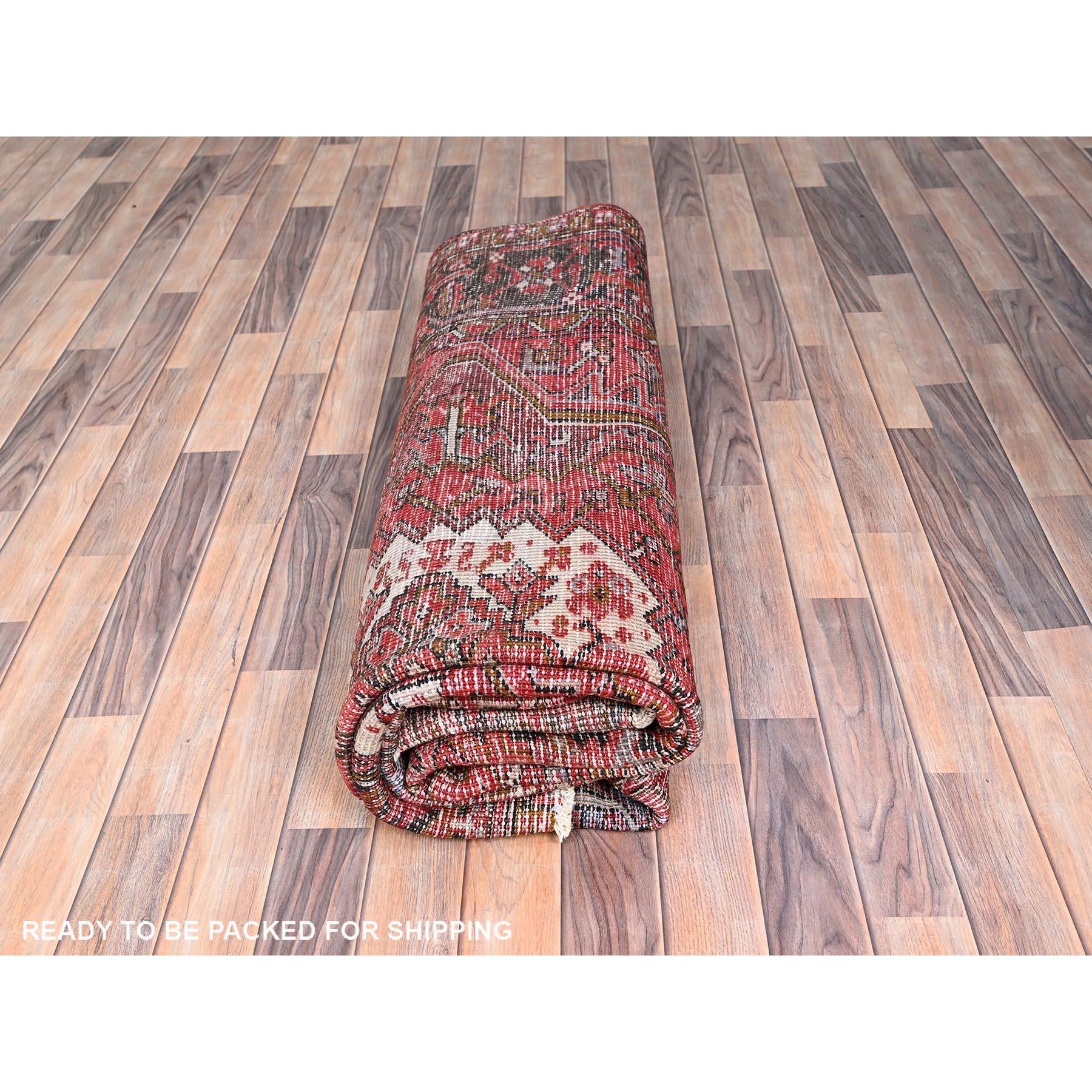 Red Vintage Persian Heriz Village Motif Rustic Look Pure Wool Hand Knotted Rug For Sale 4
