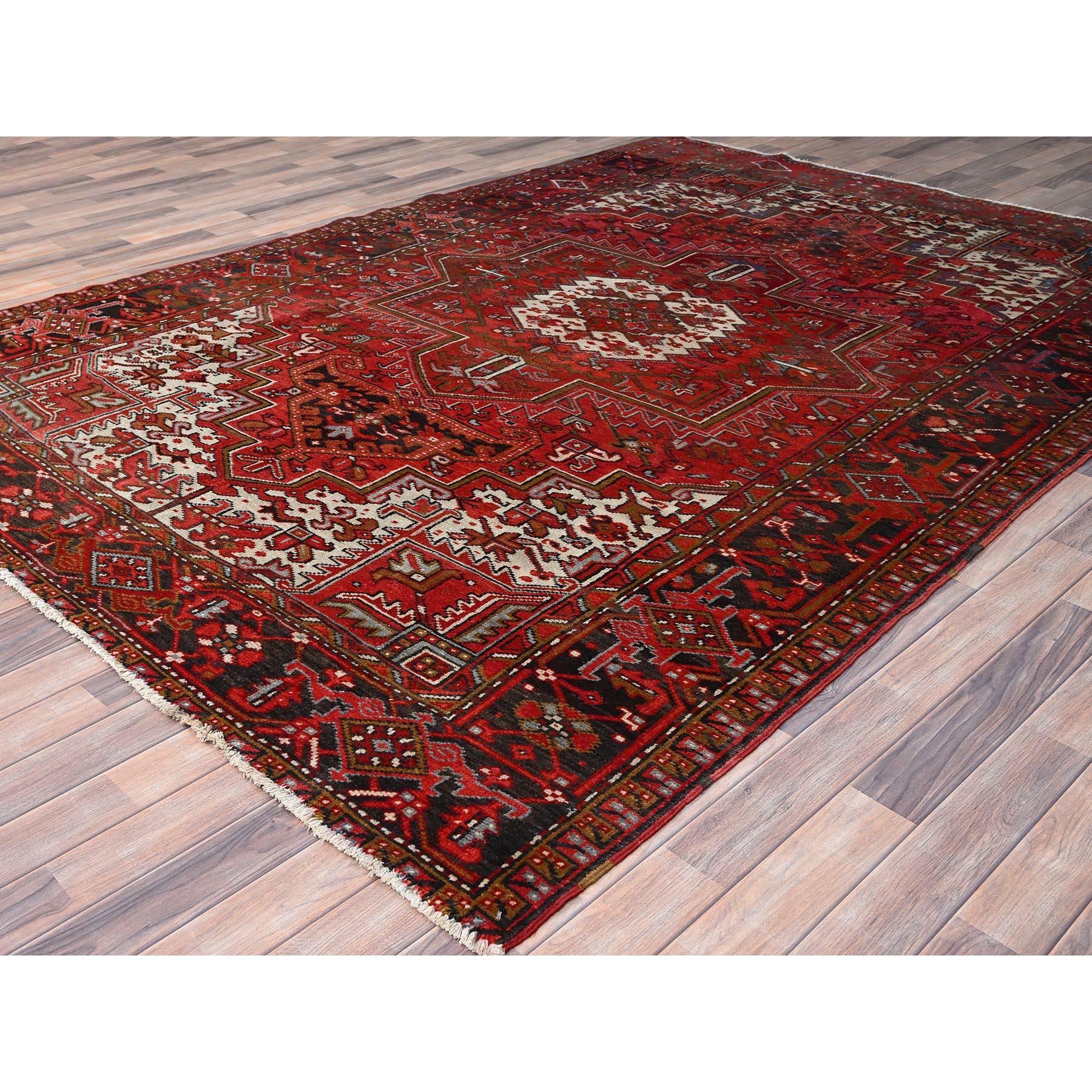 Hand-Knotted Red Vintage Persian Heriz Village Motif Rustic Look Pure Wool Hand Knotted Rug For Sale