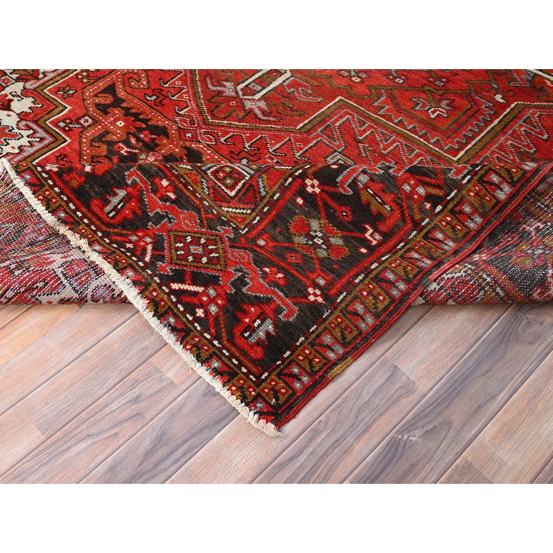 Red Vintage Persian Heriz Village Motif Rustic Look Pure Wool Hand Knotted Rug For Sale 1
