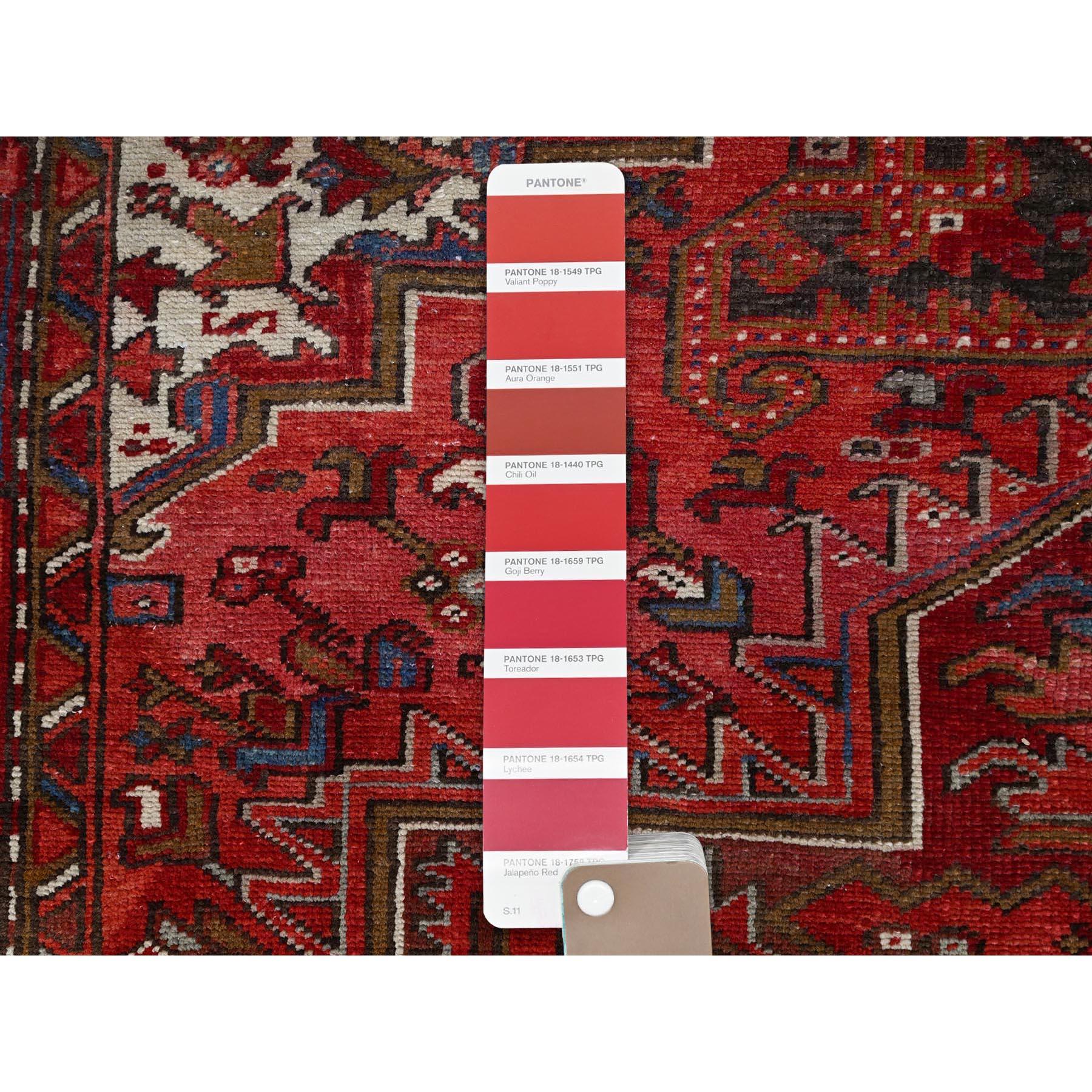 Red Vintage Persian Heriz Village Motif Rustic Look Pure Wool Hand Knotted Rug For Sale 2