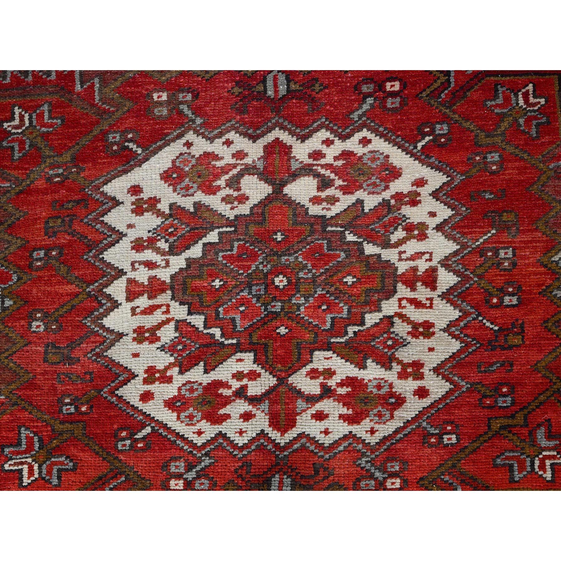 Red Vintage Persian Heriz Village Motif Rustic Look Pure Wool Hand Knotted Rug For Sale 3