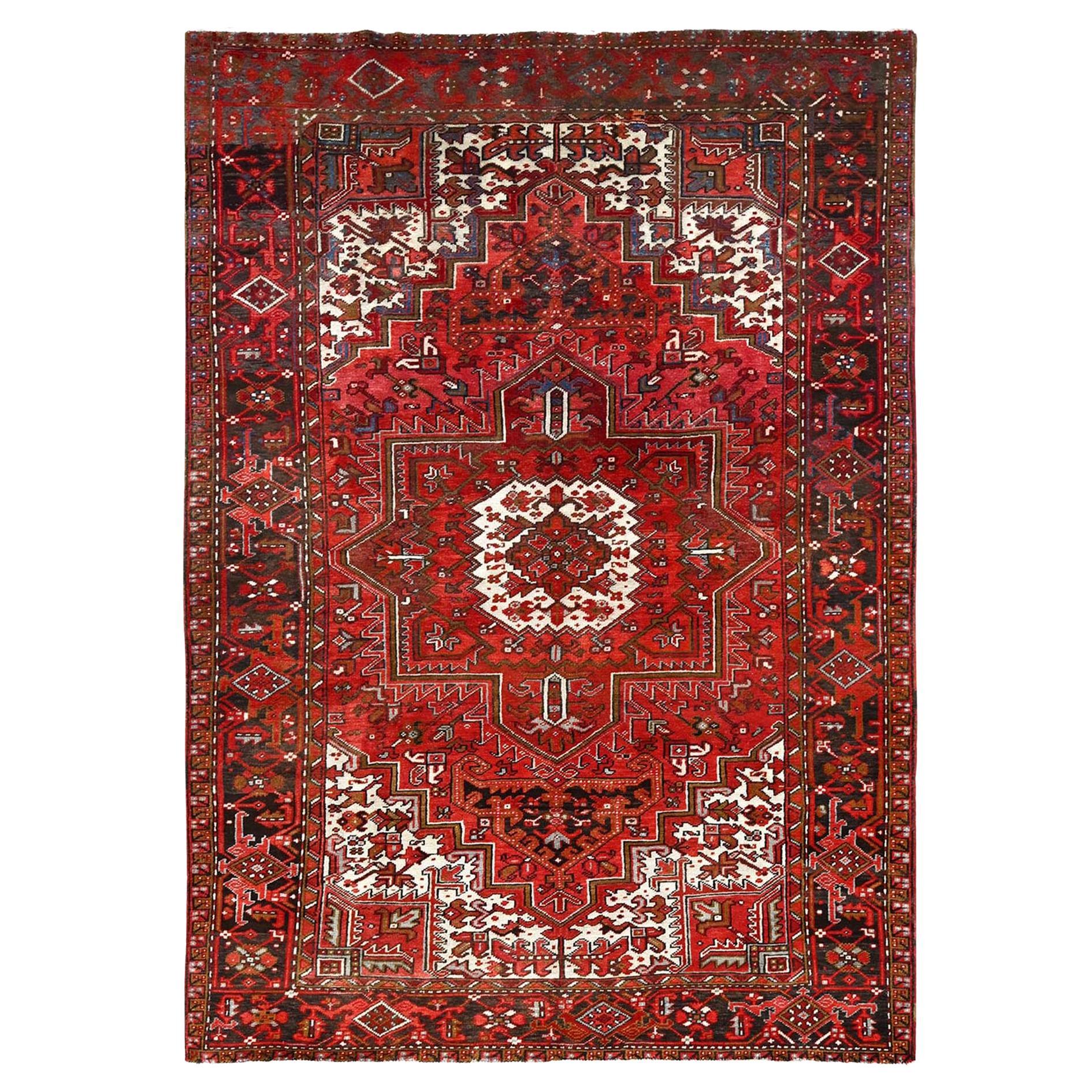 Red Vintage Persian Heriz Village Motif Rustic Look Pure Wool Hand Knotted Rug For Sale