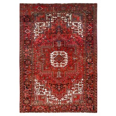 Red Vintage Persian Heriz Village Motif Rustic Look Pure Wool Hand Knotted Rug