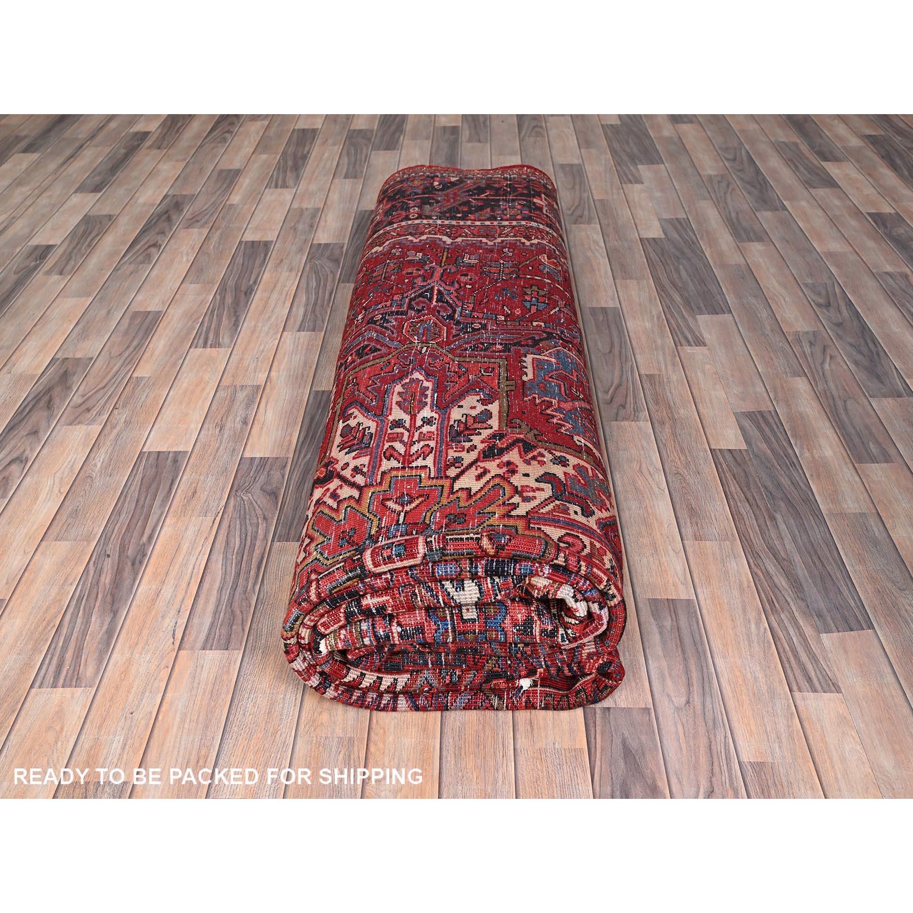 Red Vintage Persian Heriz with Tribal Ambience Rustic Look Wool Hand Knotted Rug For Sale 4