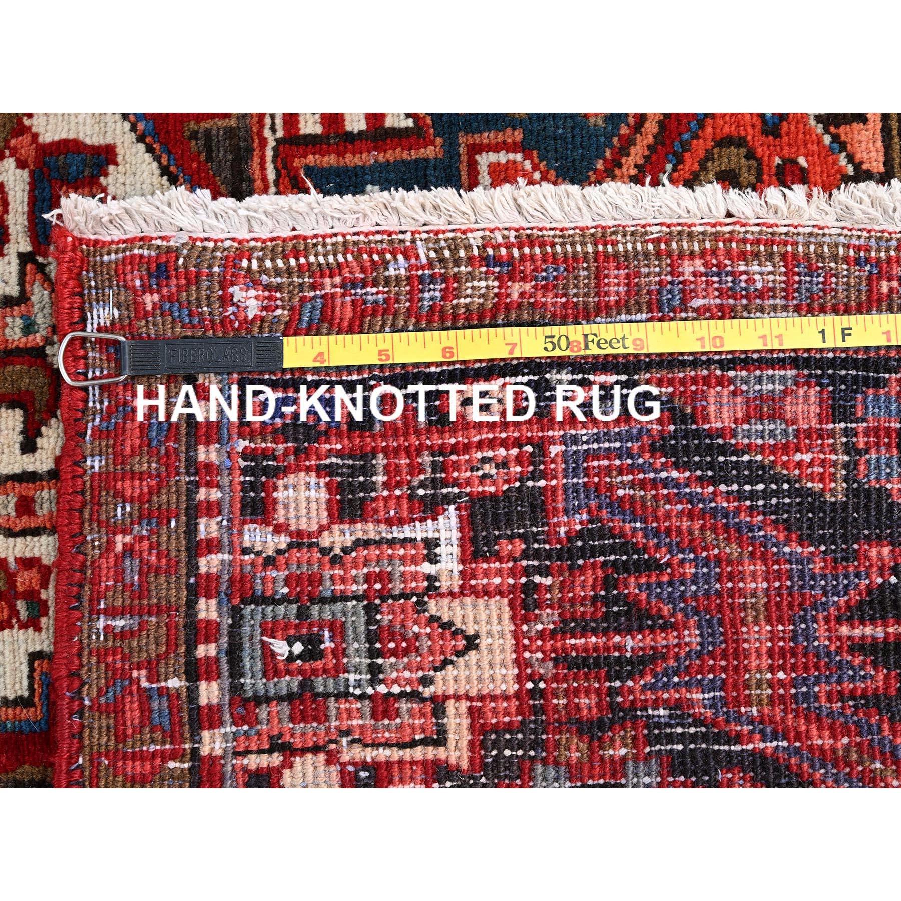 Red Vintage Persian Heriz with Tribal Ambience Rustic Look Wool Hand Knotted Rug For Sale 6
