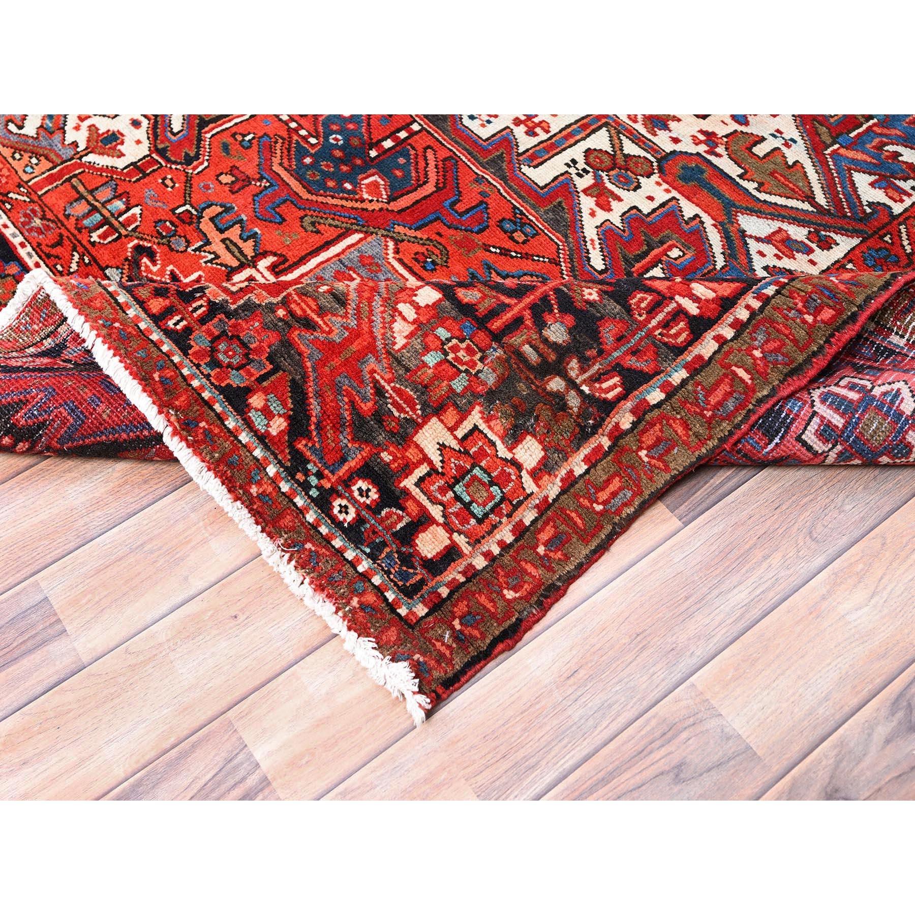 Red Vintage Persian Heriz with Tribal Ambience Rustic Look Wool Hand Knotted Rug For Sale 1