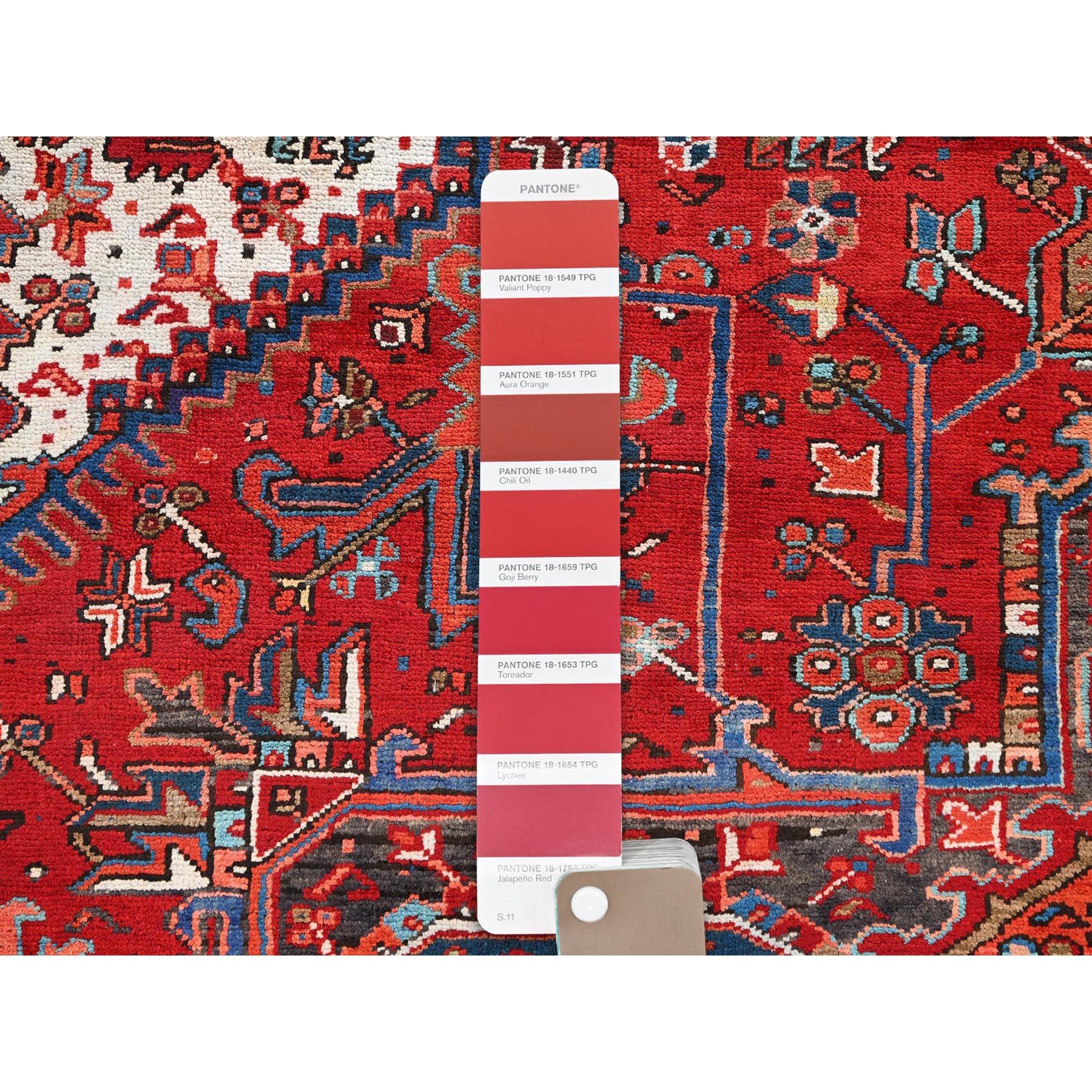 Red Vintage Persian Heriz with Tribal Ambience Rustic Look Wool Hand Knotted Rug For Sale 2