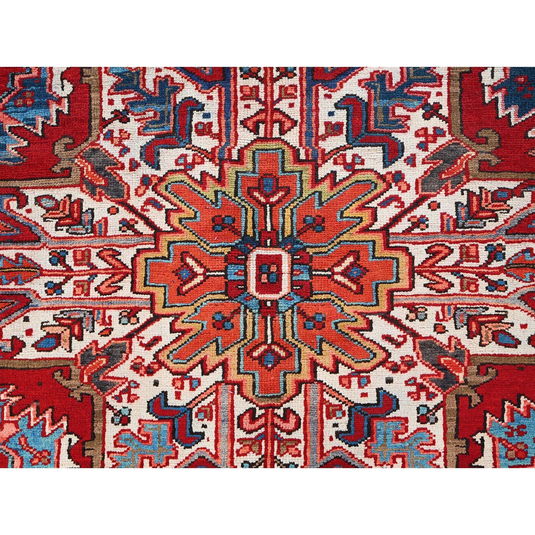 Red Vintage Persian Heriz with Tribal Ambience Rustic Look Wool Hand Knotted Rug For Sale 3
