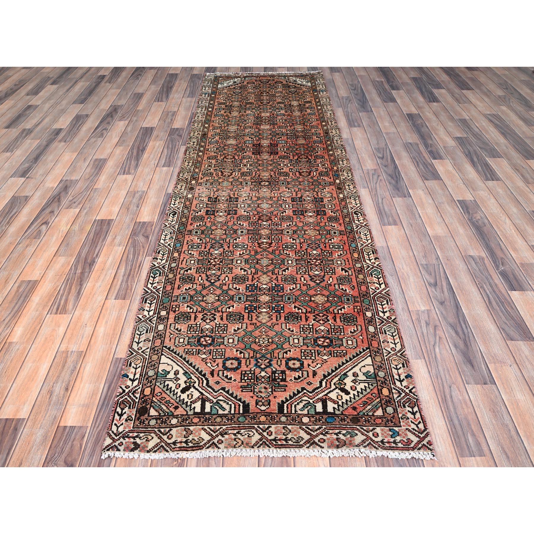 Medieval Red Vintage Persian Hussainabad Abrash Hand Knotted Rustic Wool Clean Runner Rug For Sale