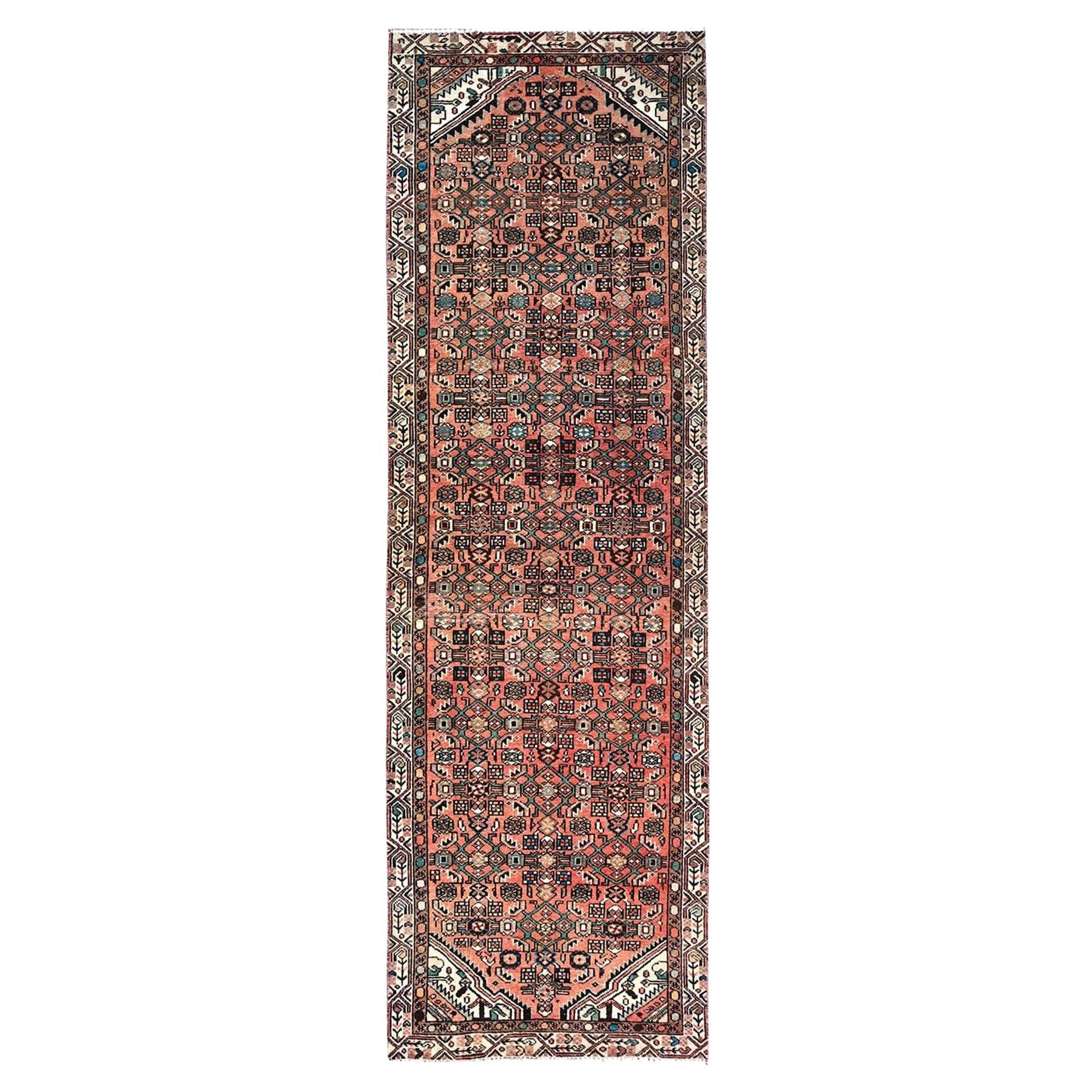 Red Vintage Persian Hussainabad Abrash Hand Knotted Rustic Wool Clean Runner Rug For Sale