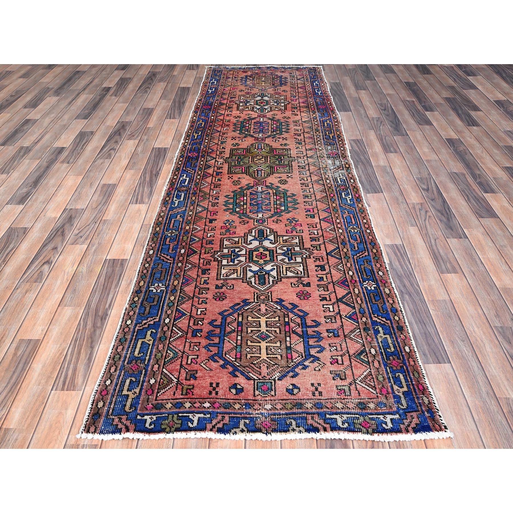 Medieval Red Vintage Persian Karajeh Clean Distressed Hand Knotted Pure Wool Runner Rug For Sale