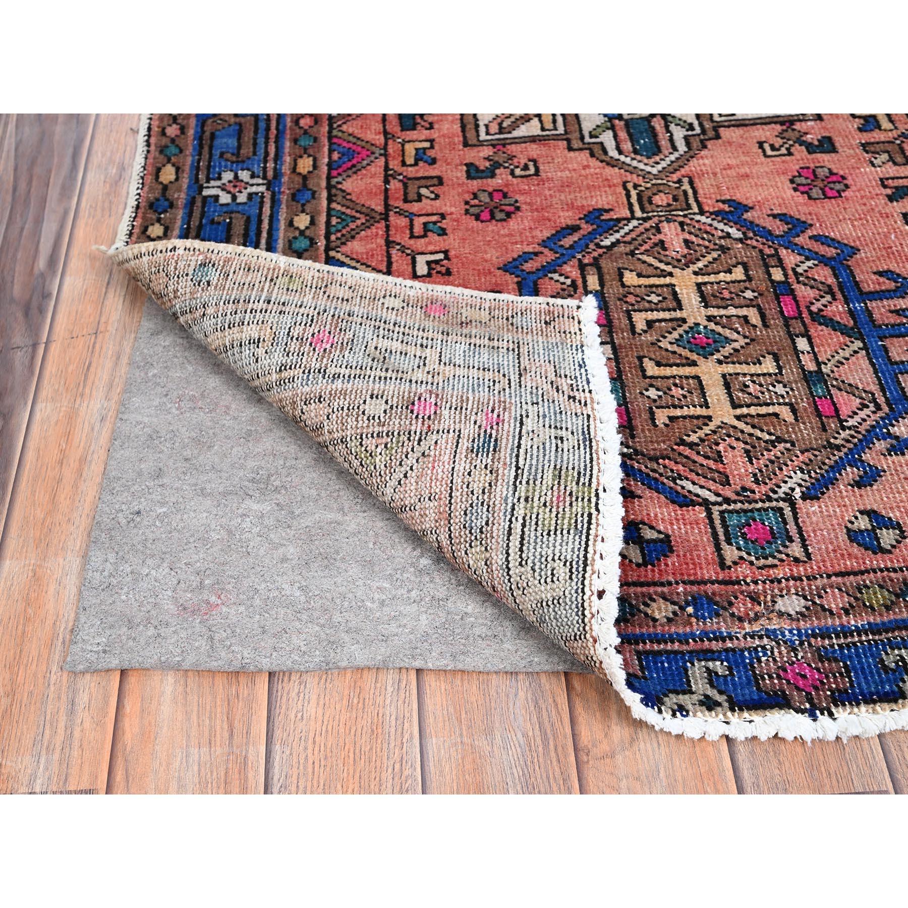 Hand-Knotted Red Vintage Persian Karajeh Clean Distressed Hand Knotted Pure Wool Runner Rug For Sale