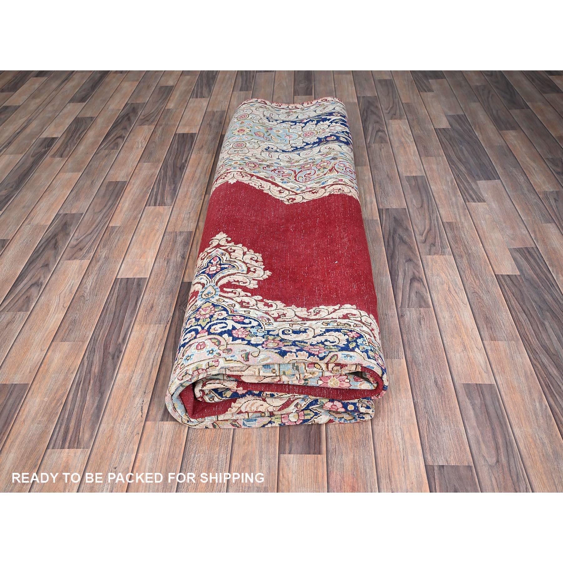 Red Vintage Persian Kerman Abrash Clean Hand Knotted Pure Wool Rustic Feel Rug For Sale 5