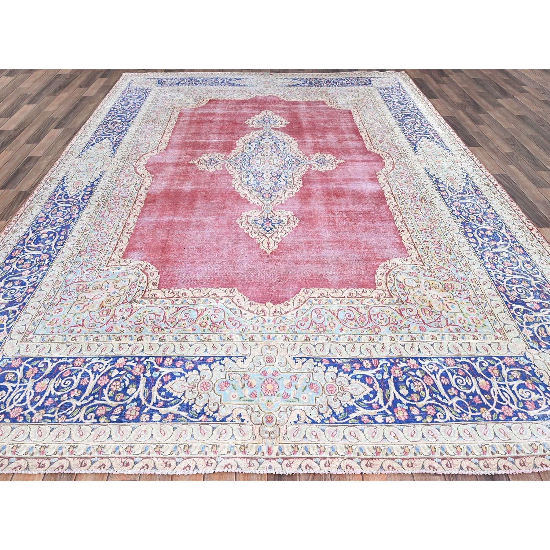 Hand-Knotted Red Vintage Persian Kerman Abrash Clean Hand Knotted Pure Wool Rustic Feel Rug For Sale