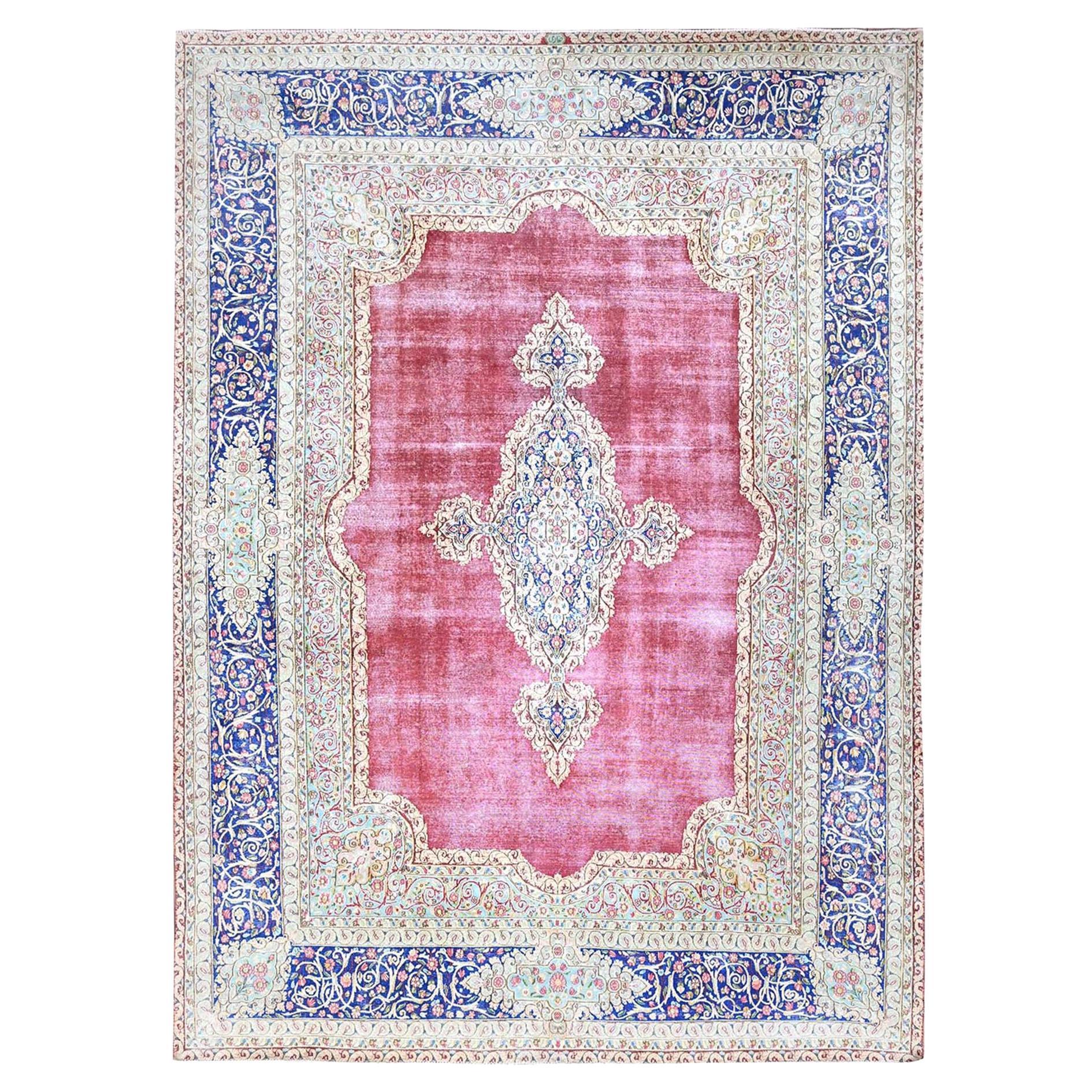 Red Vintage Persian Kerman Abrash Clean Hand Knotted Pure Wool Rustic Feel Rug For Sale
