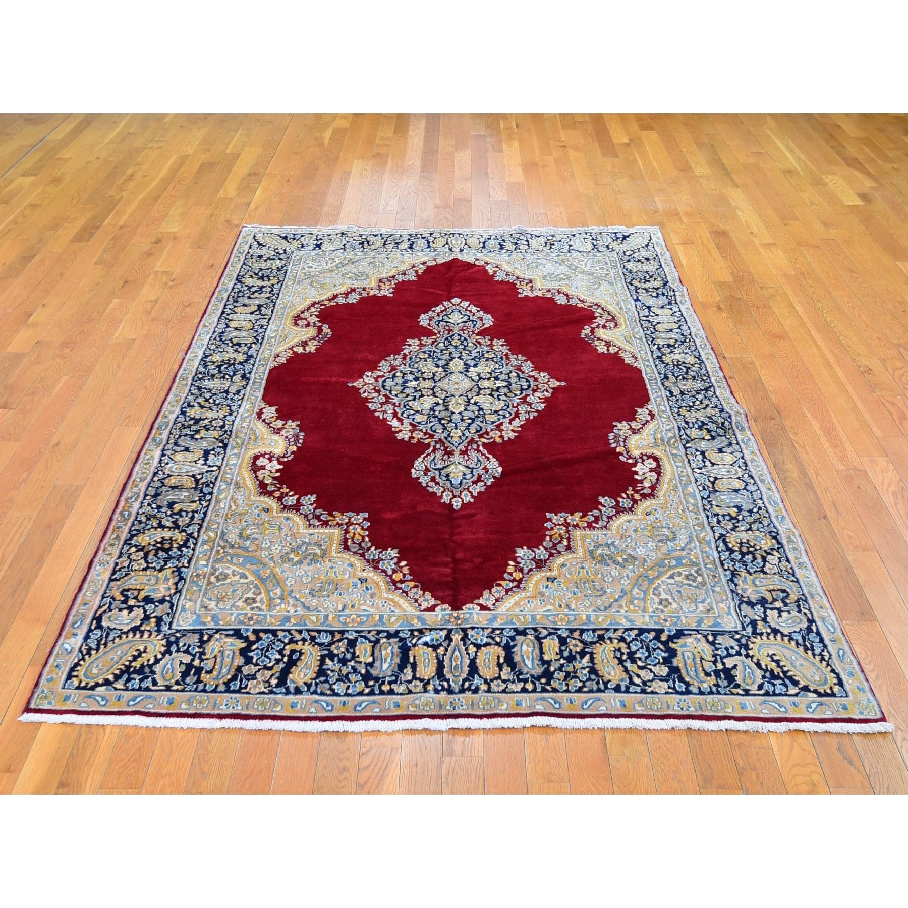 Medieval Red Vintage Persian Kerman Medallion Open Field Pure Wool Hand Knotted Rug