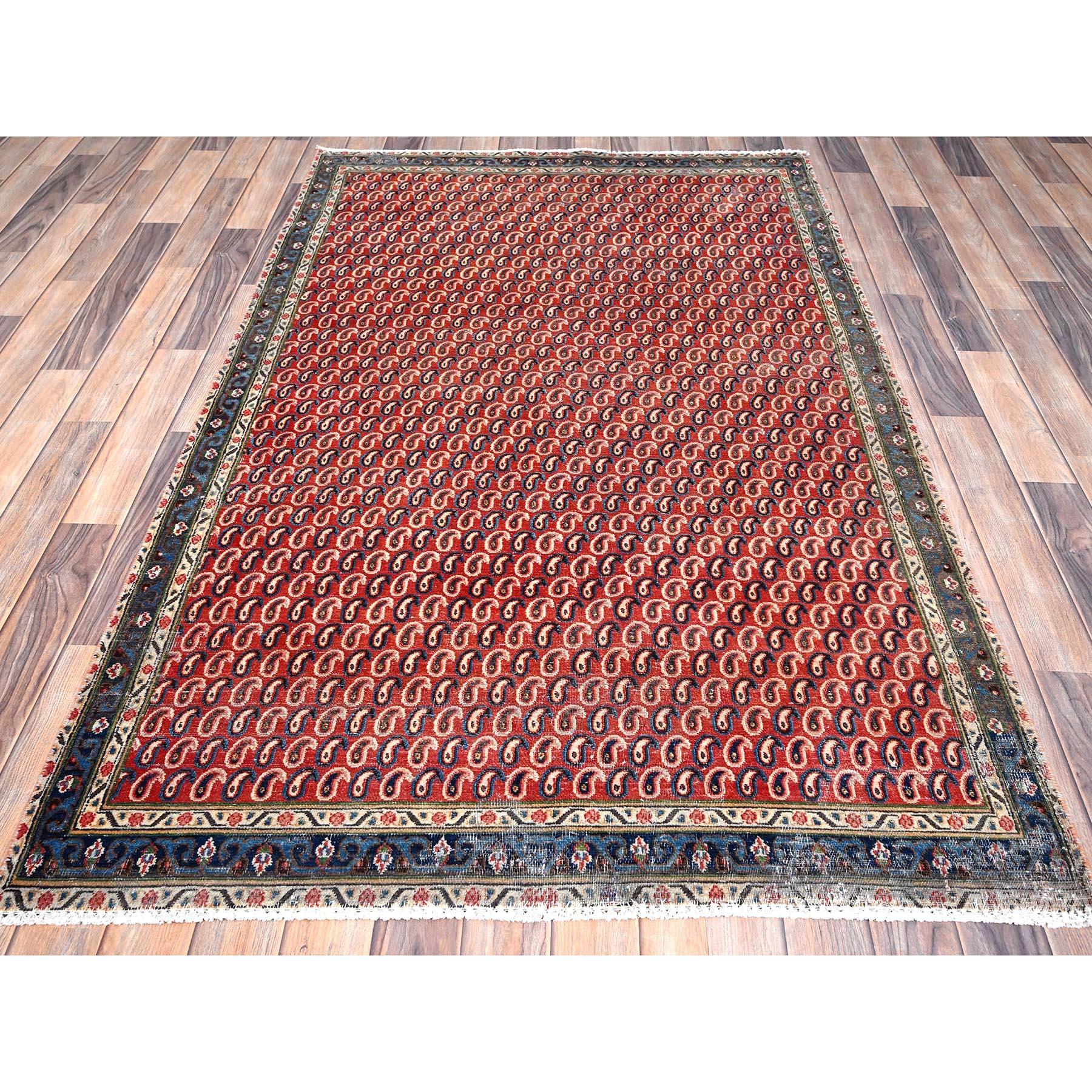 Medieval Red Vintage Persian Senneh Soft Wool Distressed Look Hand Knotted Runner Rug For Sale