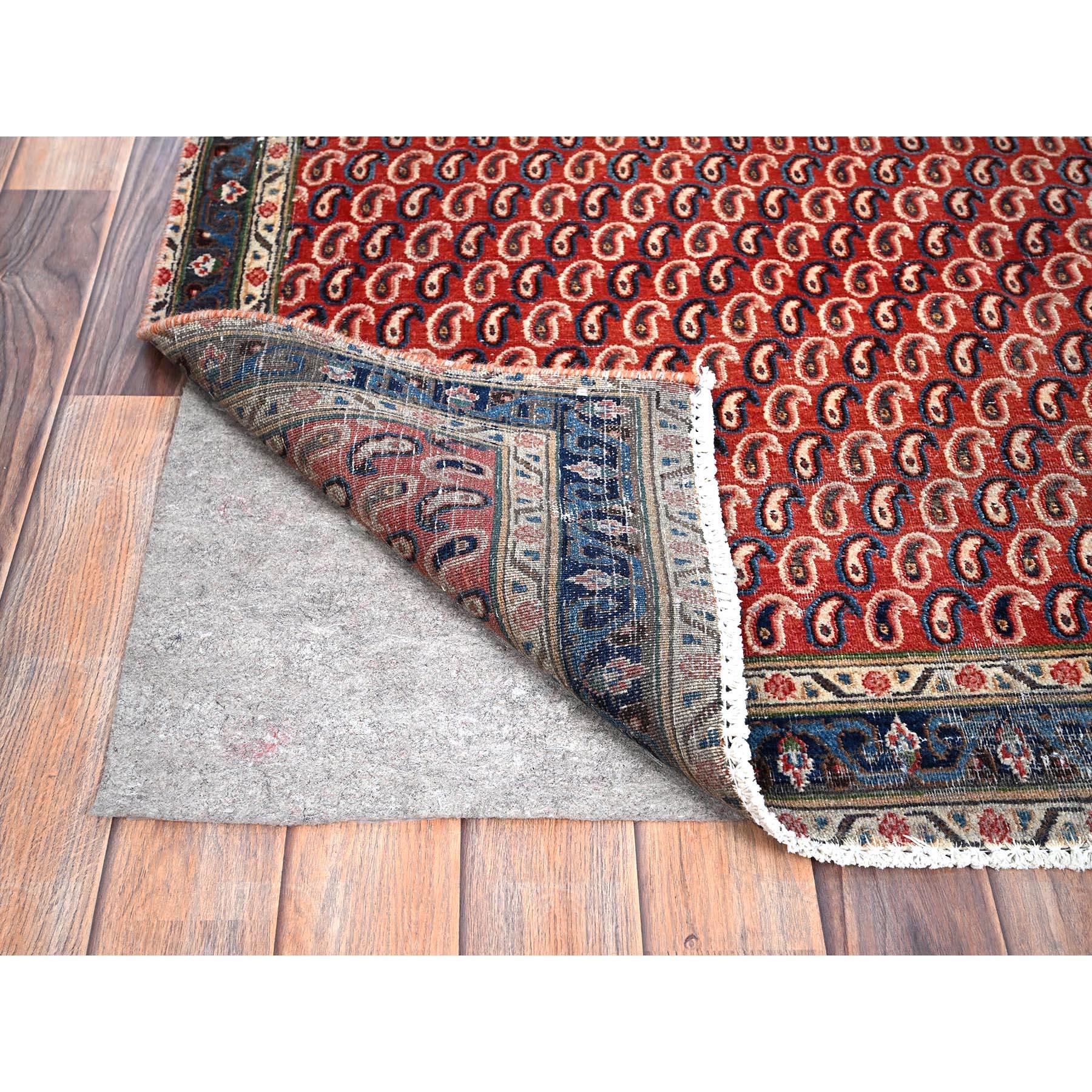 Hand-Knotted Red Vintage Persian Senneh Soft Wool Distressed Look Hand Knotted Runner Rug For Sale