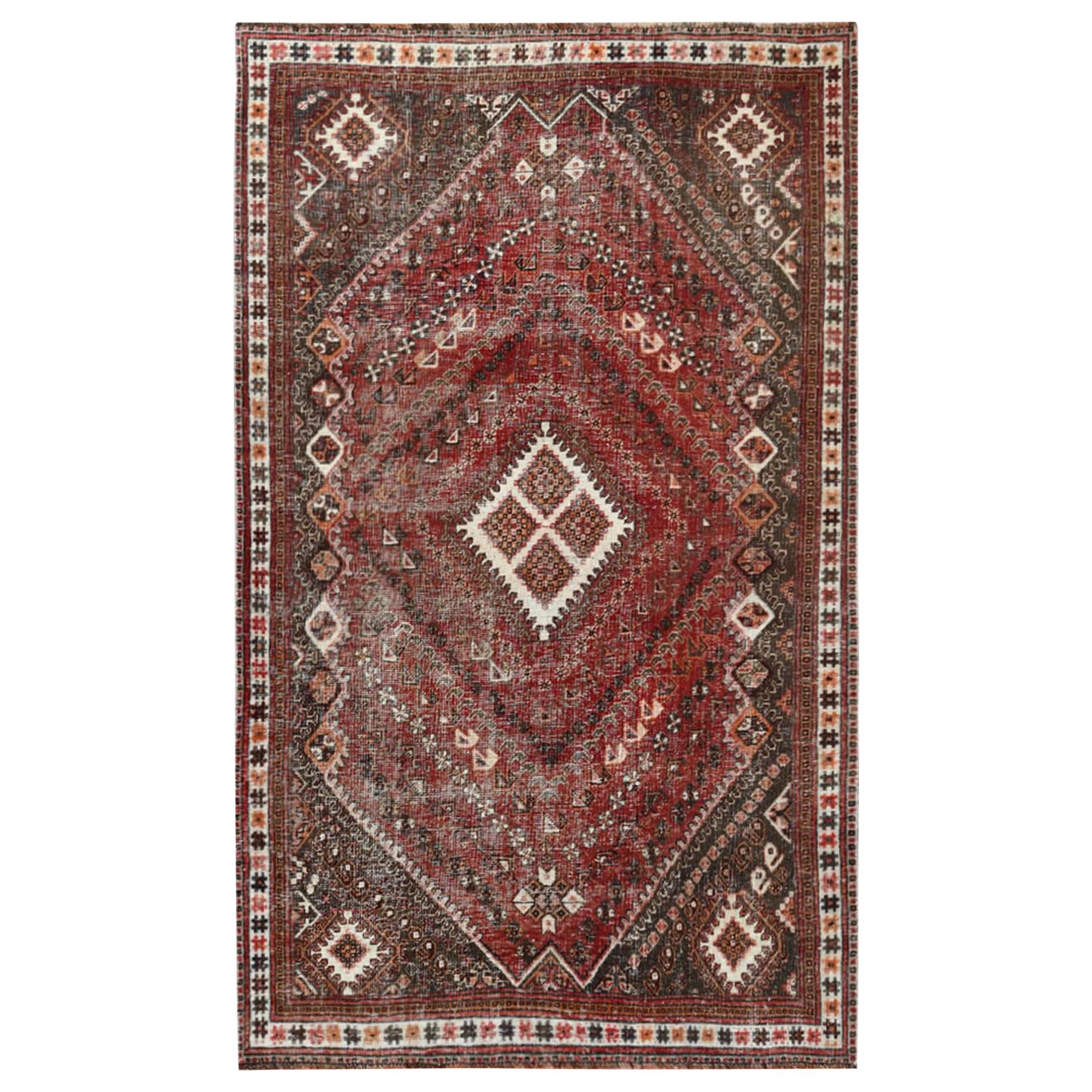 Vintage Honey Brown Persian Shiraz with Peacocks Worn Down Hand Knotted