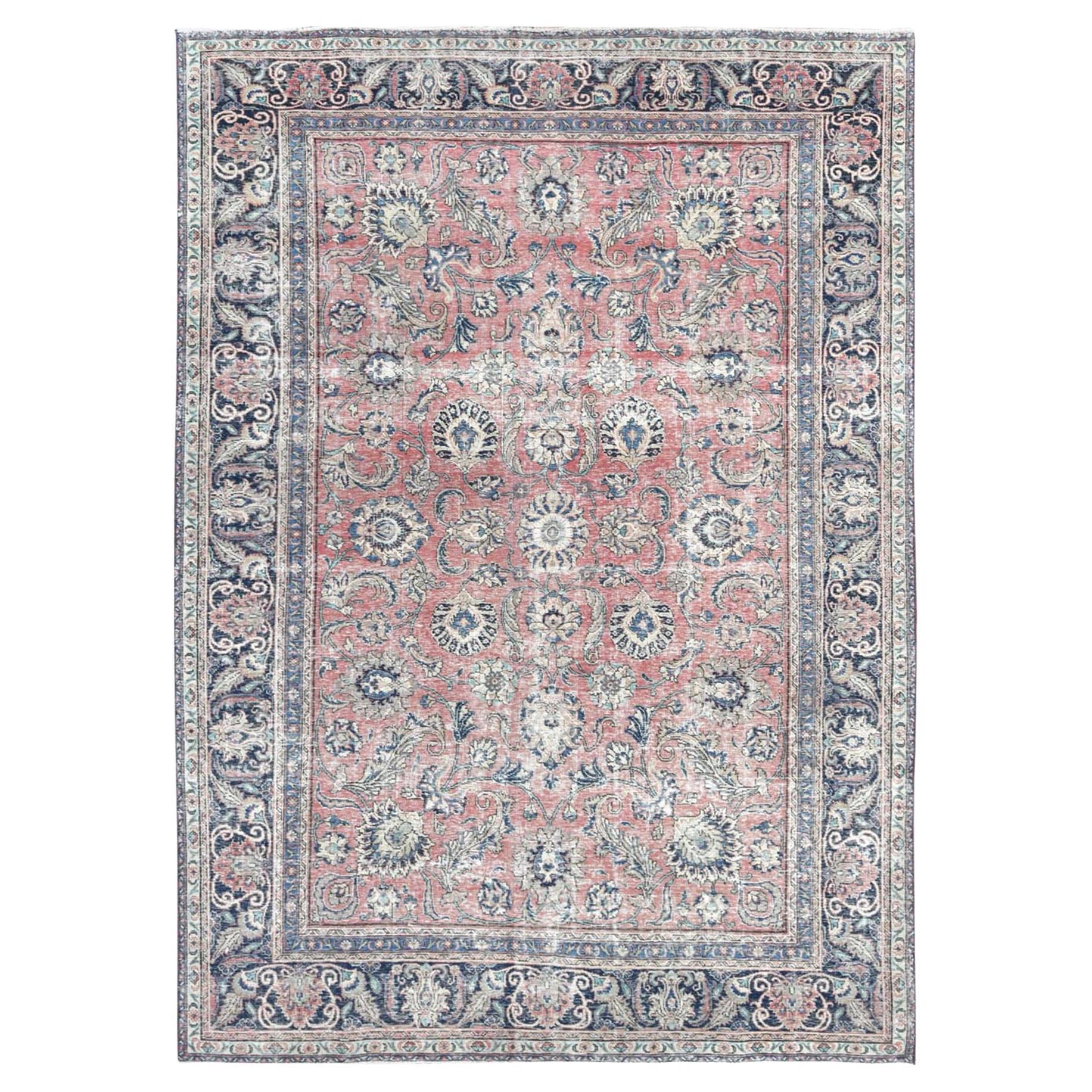 Hot Pink Vintage Persian Tabriz Cropped Thin Pile Hand Knotted Natural